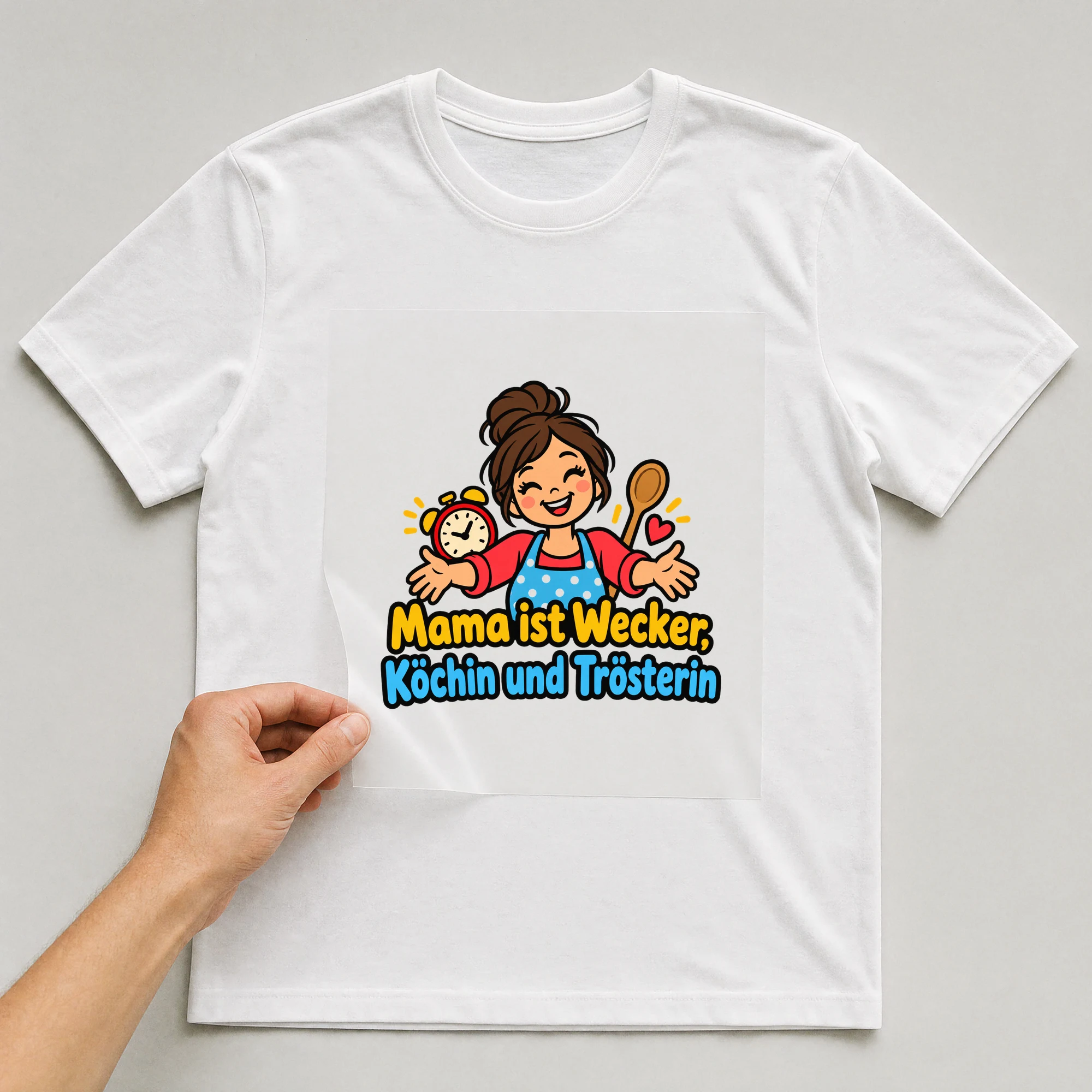 Bügelbild „Mama ist Wecker, Köchin und Trösterin“ auf weißem T-Shirt, Folie wird aufgelegt