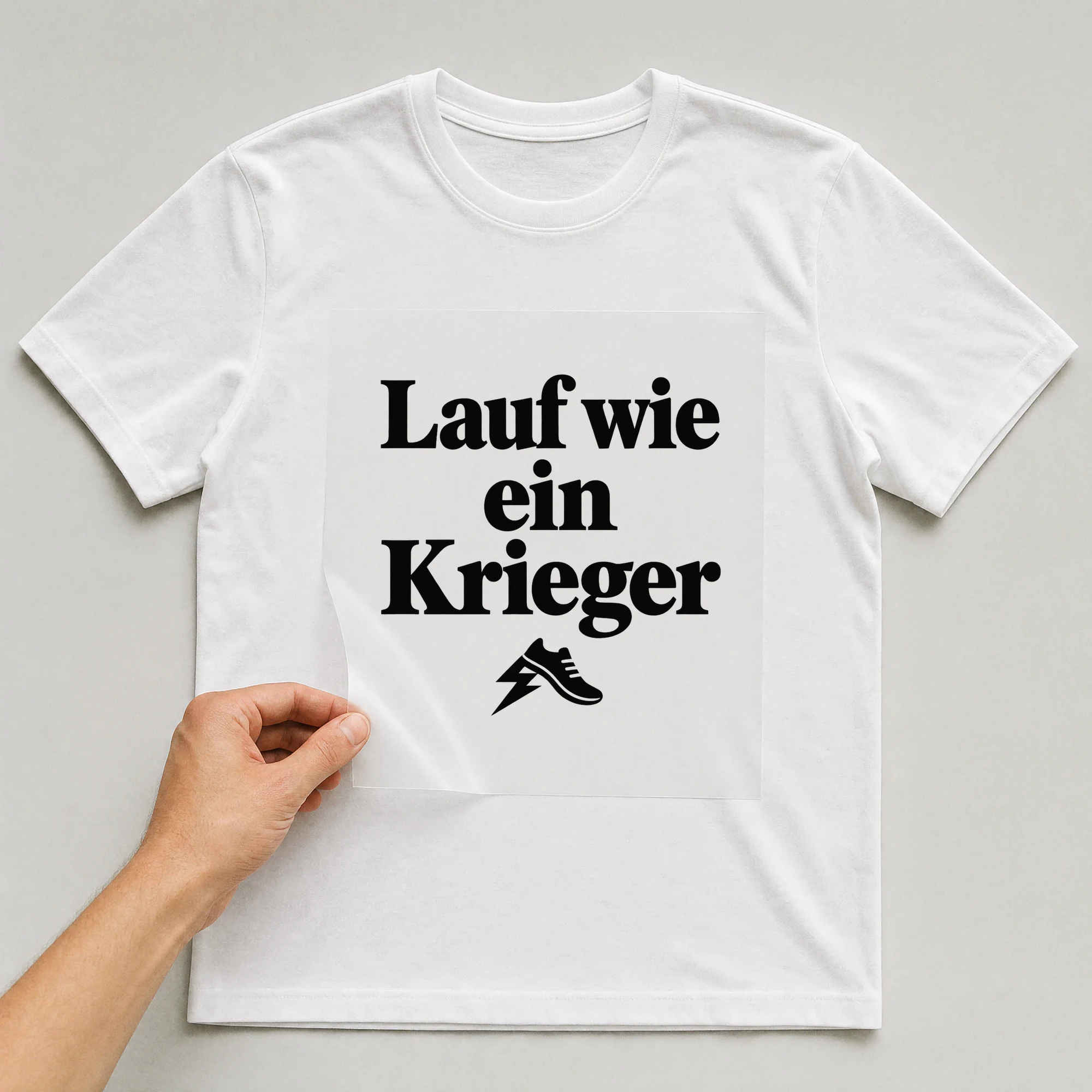 Bügelbild „Lauf wie ein Krieger“ auf weißem T-Shirt, Folie wird aufgelegt