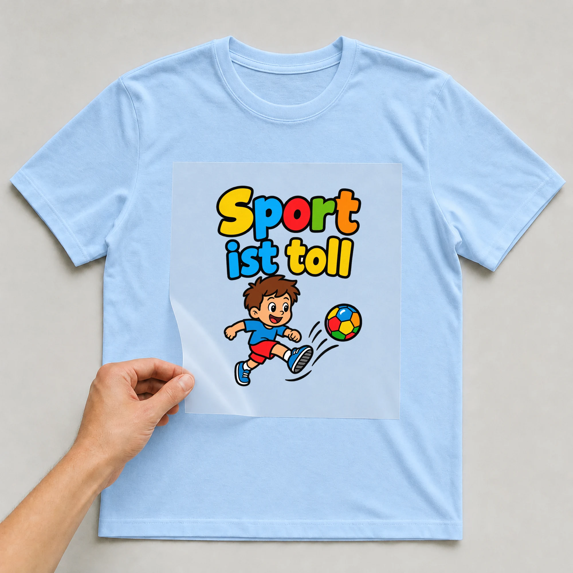 Bügelbild „Sport ist toll“ auf babyblauem T-Shirt, Folie wird aufgelegt
