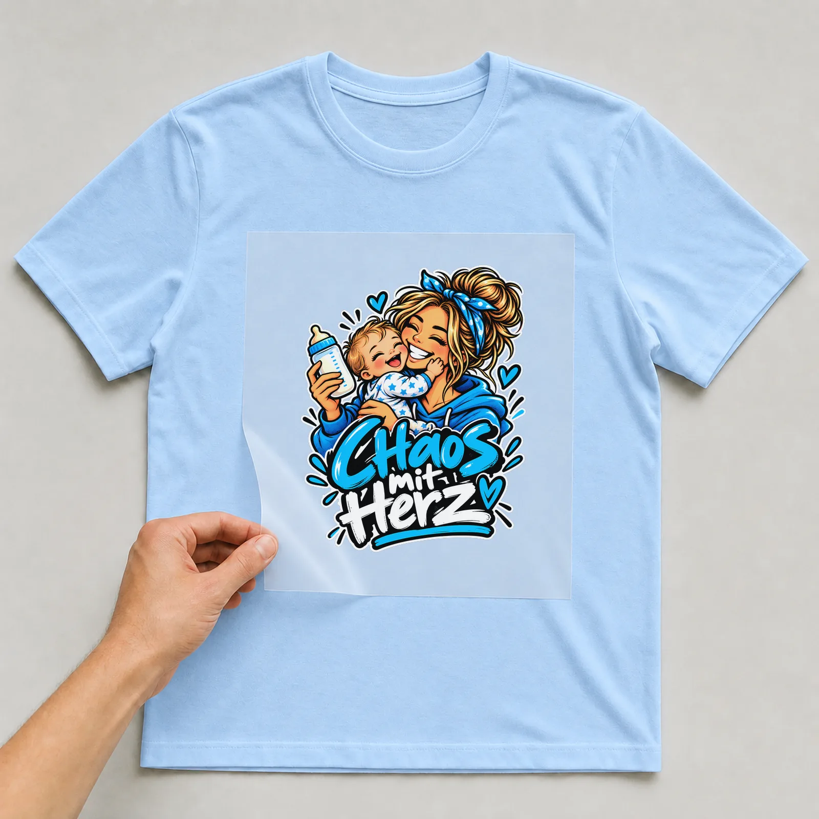 Bügelbild „Chaos mit Herz“ (Street-Sticker-Stil) auf hellblauem T-Shirt, Folie wird aufgelegt