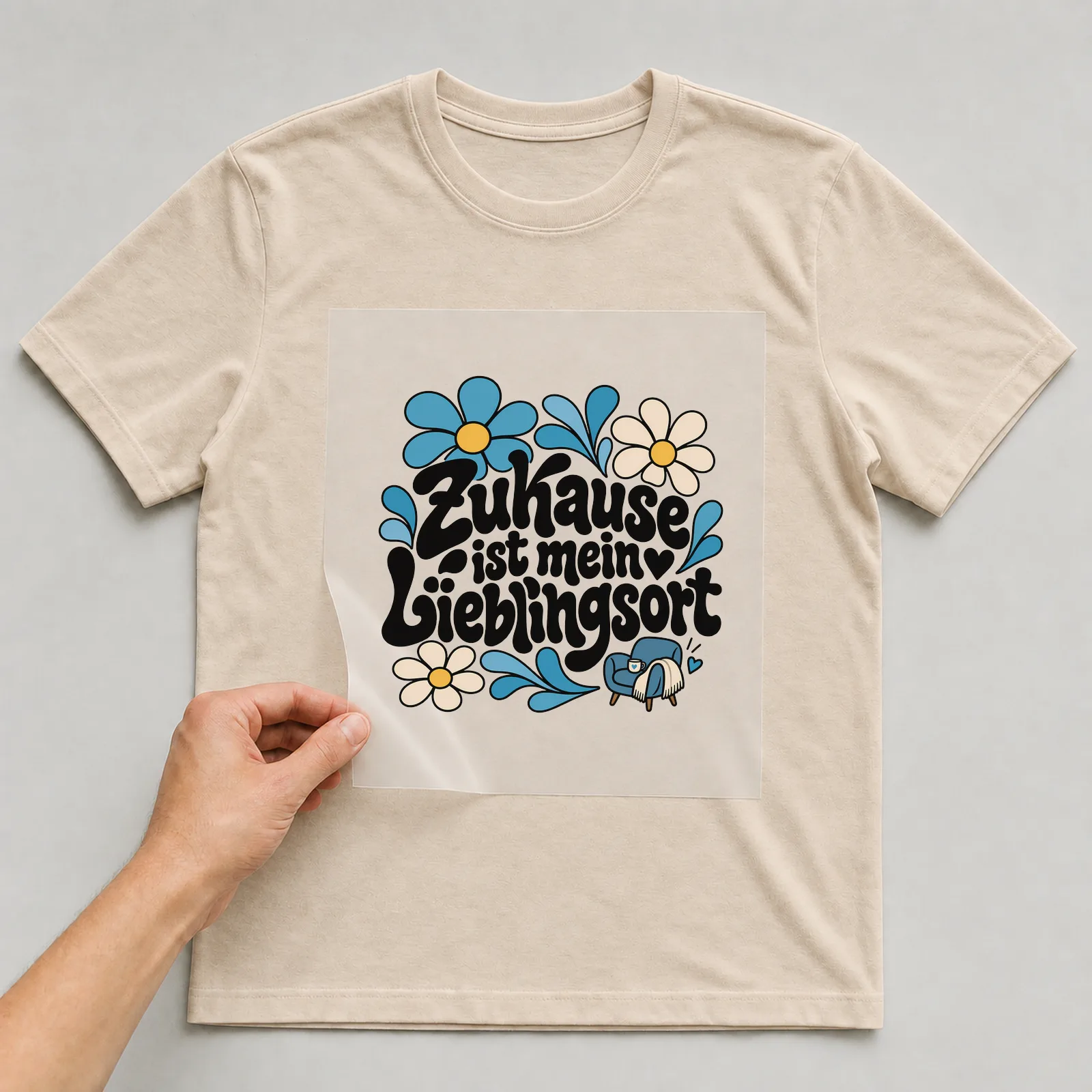 Bügelbild „Zuhause ist mein Lieblingsort“ auf beigem T-Shirt, Folie wird aufgelegt
