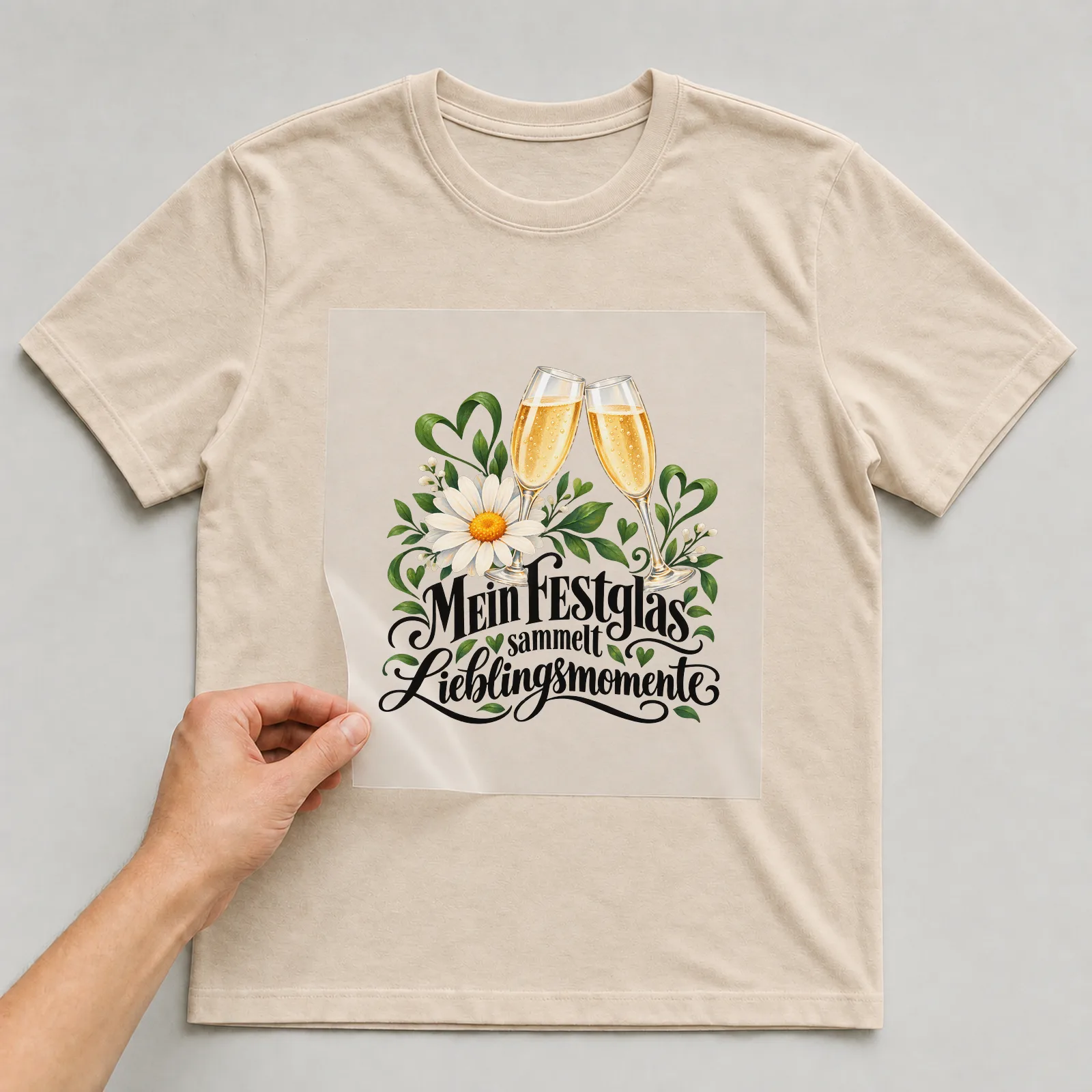 Bügelbild „Mein Festglas sammelt Lieblingsmomente“ auf beigem T-Shirt, Folie wird aufgelegt