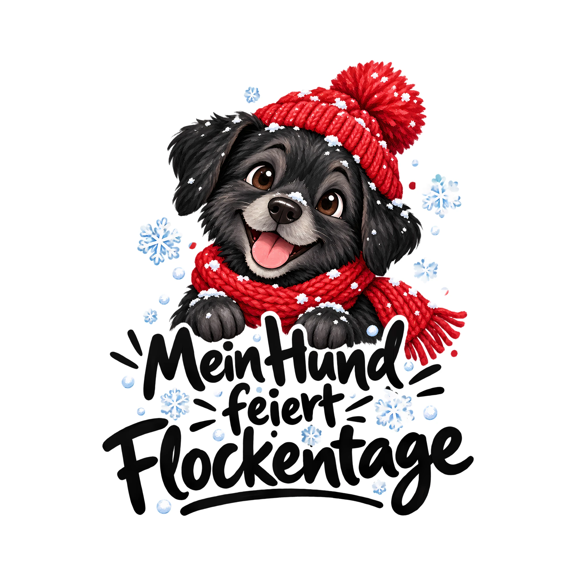 Bügelbild Mein Hund feiert Flockentage als Grafik auf weißem Hintergrund (BB013937)
