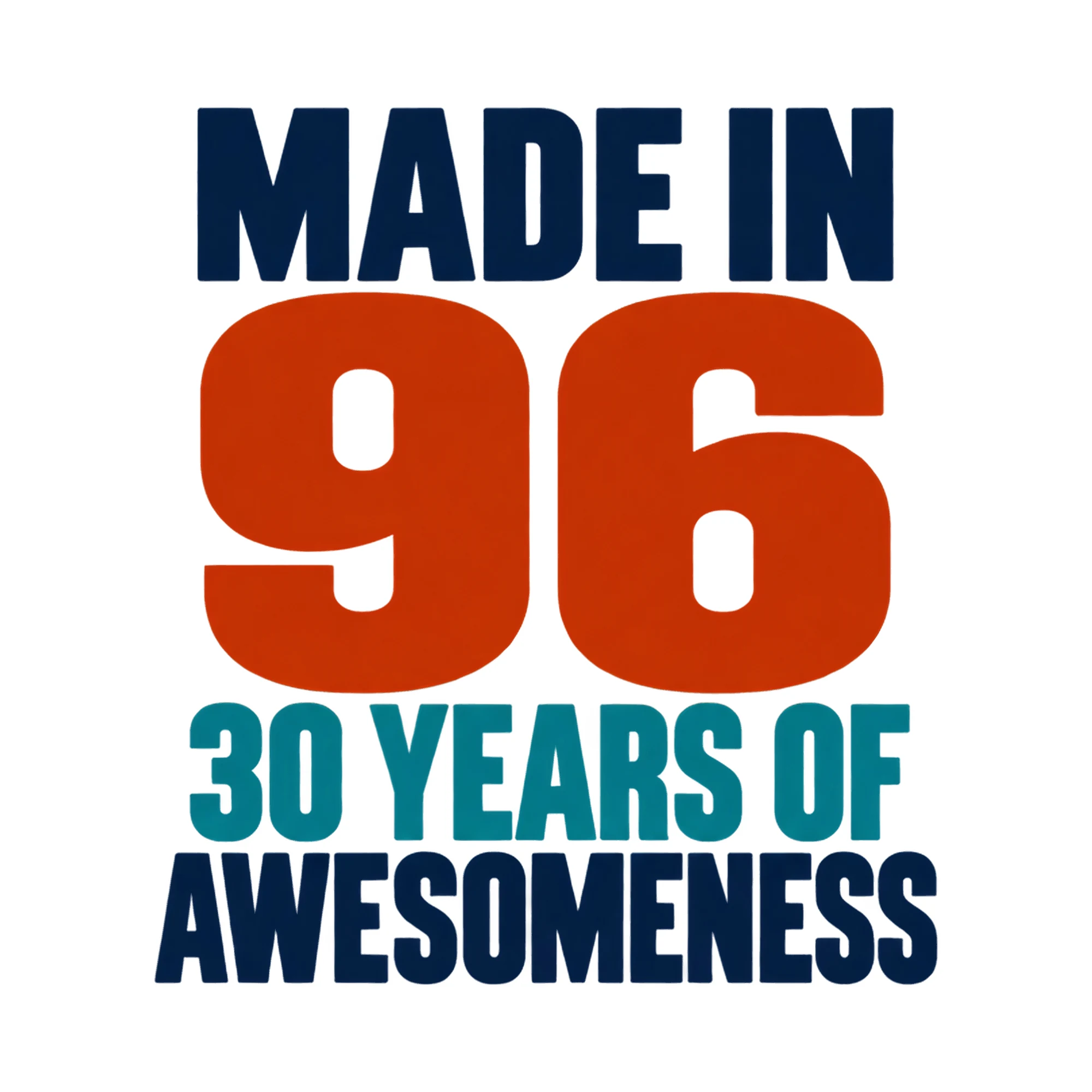 Bügelbild Made In 96 30 Years Of Awesomeness, Geburtstagsshirt Spruch als Grafik auf weißem Hintergrund (BB017520)