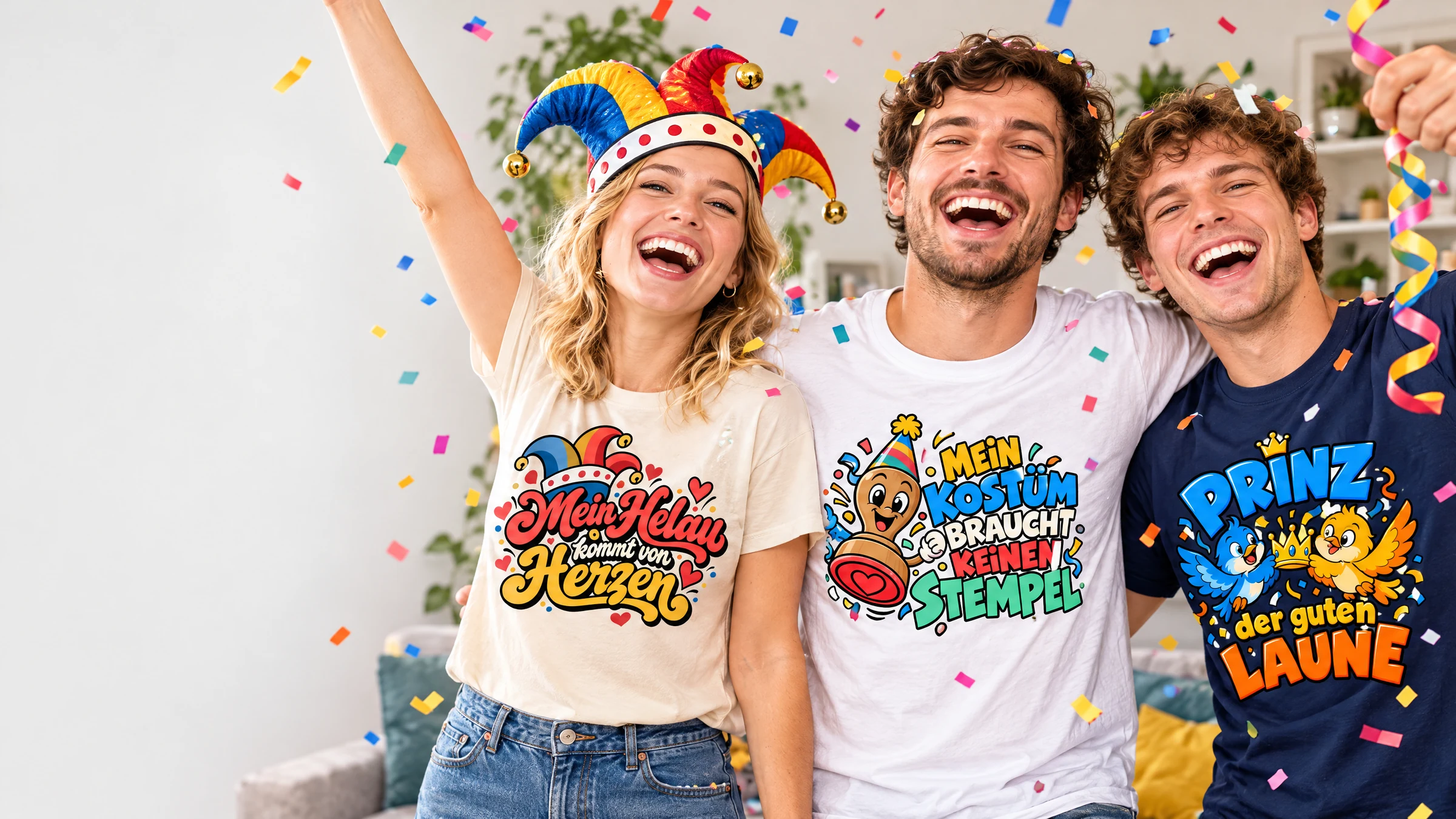 Karneval und Fasching: Närrische Gruppe mit den Bügelbild-Motiven Mein Helau kommt von Herzen, Mein Kostüm braucht keinen Stempel und Prinz der guten Laune