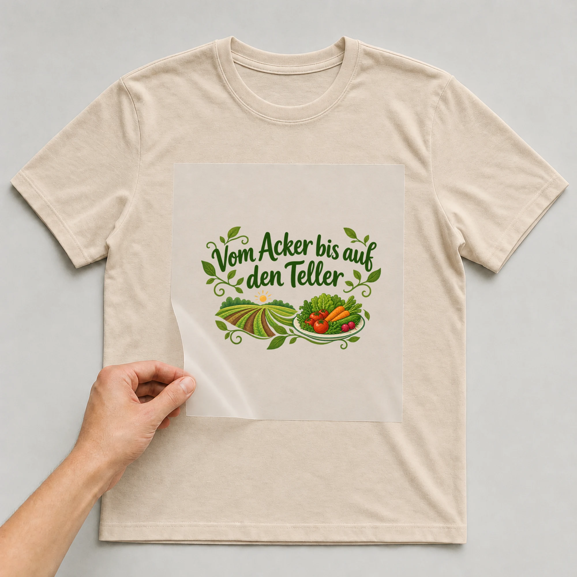 Bügelbild „Vom Acker bis auf den Teller“ auf beigem T-Shirt, Folie wird aufgelegt