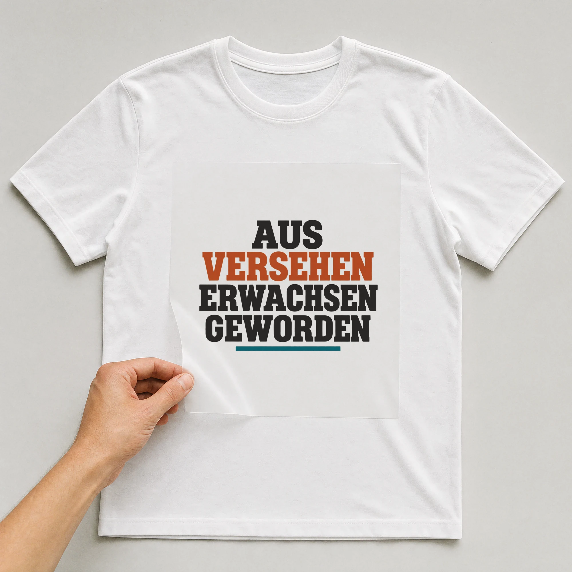 Bügelbild „Aus versehen erwachsen geworden“ auf weißem T-Shirt, Folie wird aufgelegt