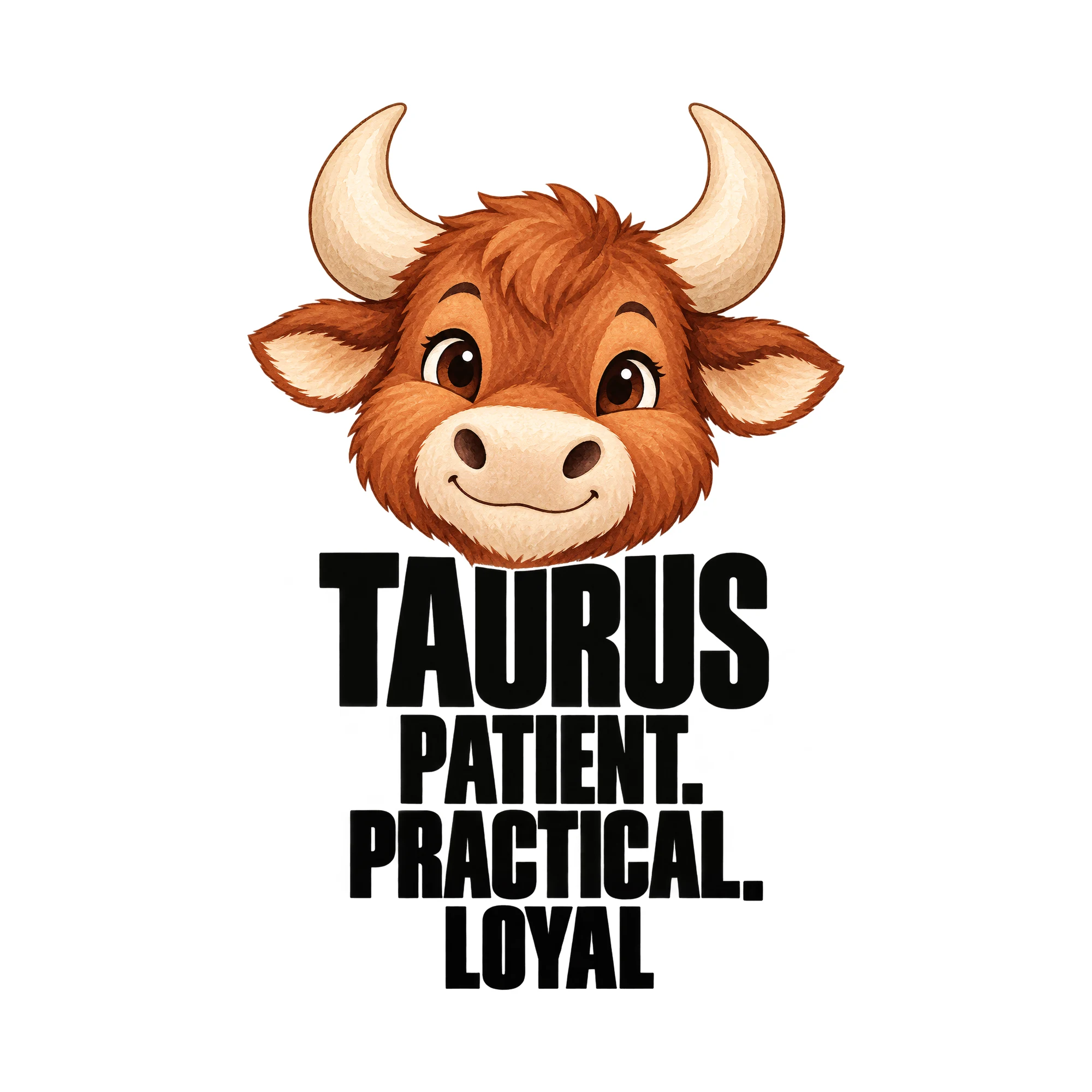 Bügelbild Taurus Patient. Practical. Loyal, Lustiger Shirt Spruch als Grafik auf weißem Hintergrund (BB016009)