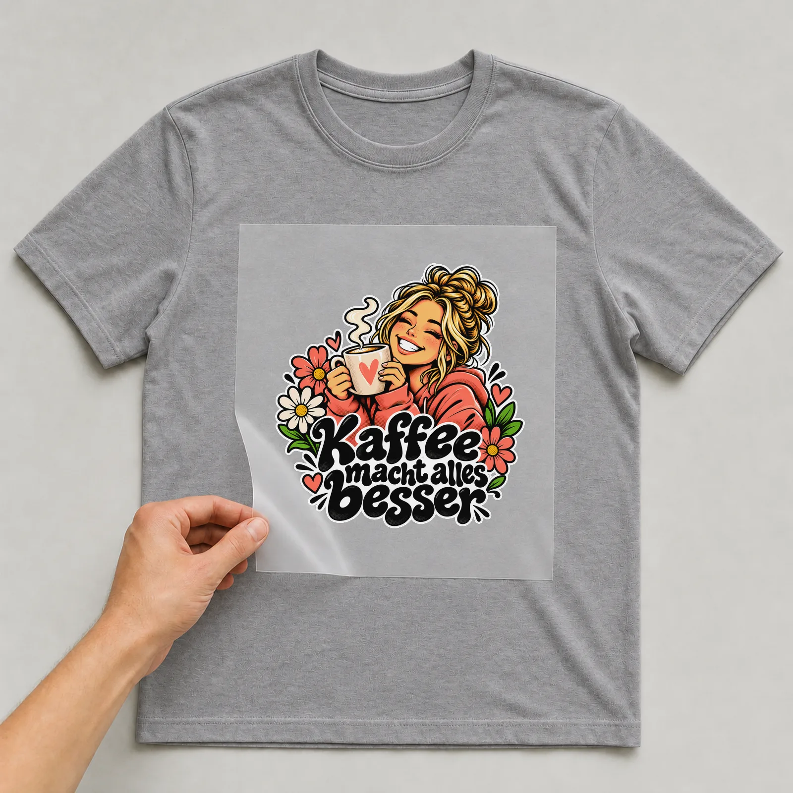 Bügelbild „Kaffee macht alles besser“ (Street-Sticker-Stil) auf grauem T-Shirt, Folie wird aufgelegt