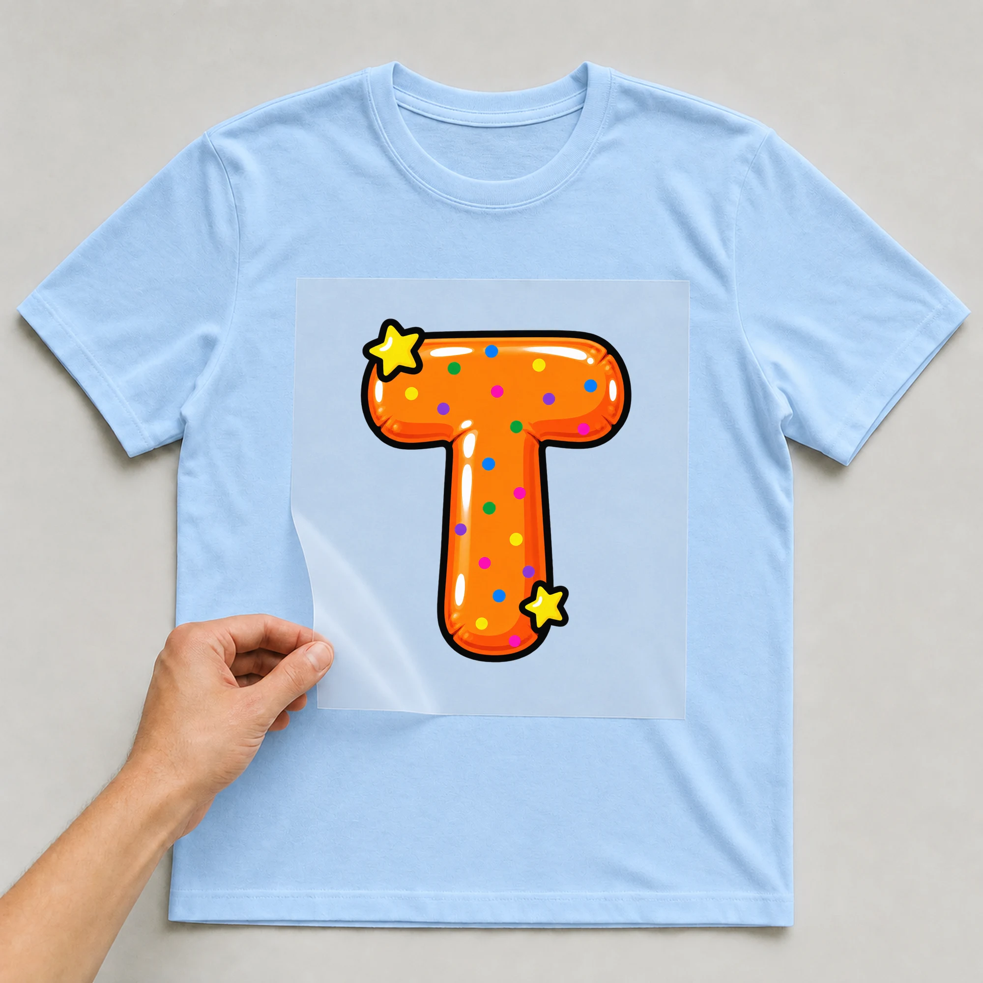 Bügelbild „Buchstabe T im Comic-Ballon-Stil“ auf babyblauem T-Shirt, Folie wird aufgelegt