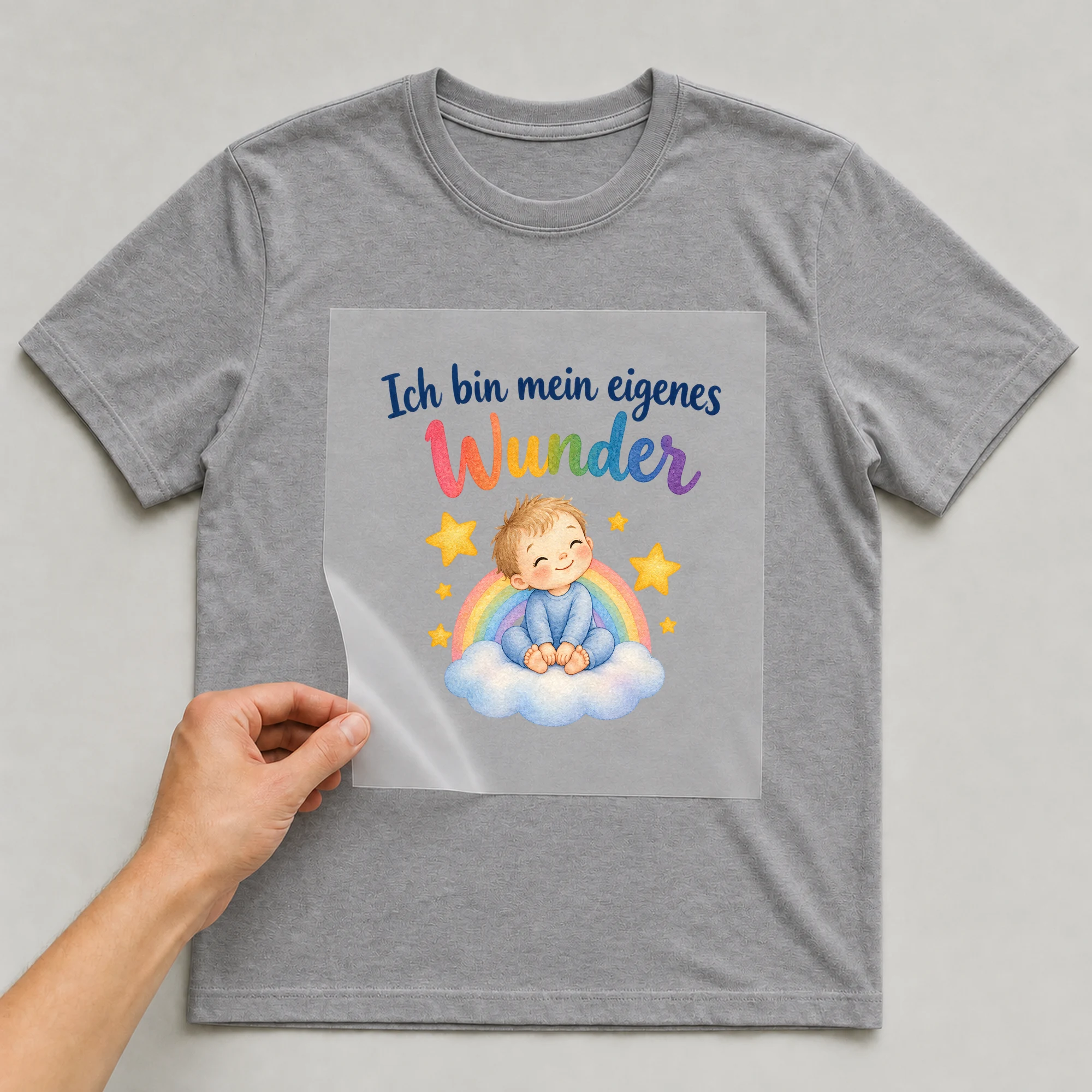 Bügelbild „Ich bin mein eigenes Wunder“ auf grauem T-Shirt, Folie wird aufgelegt