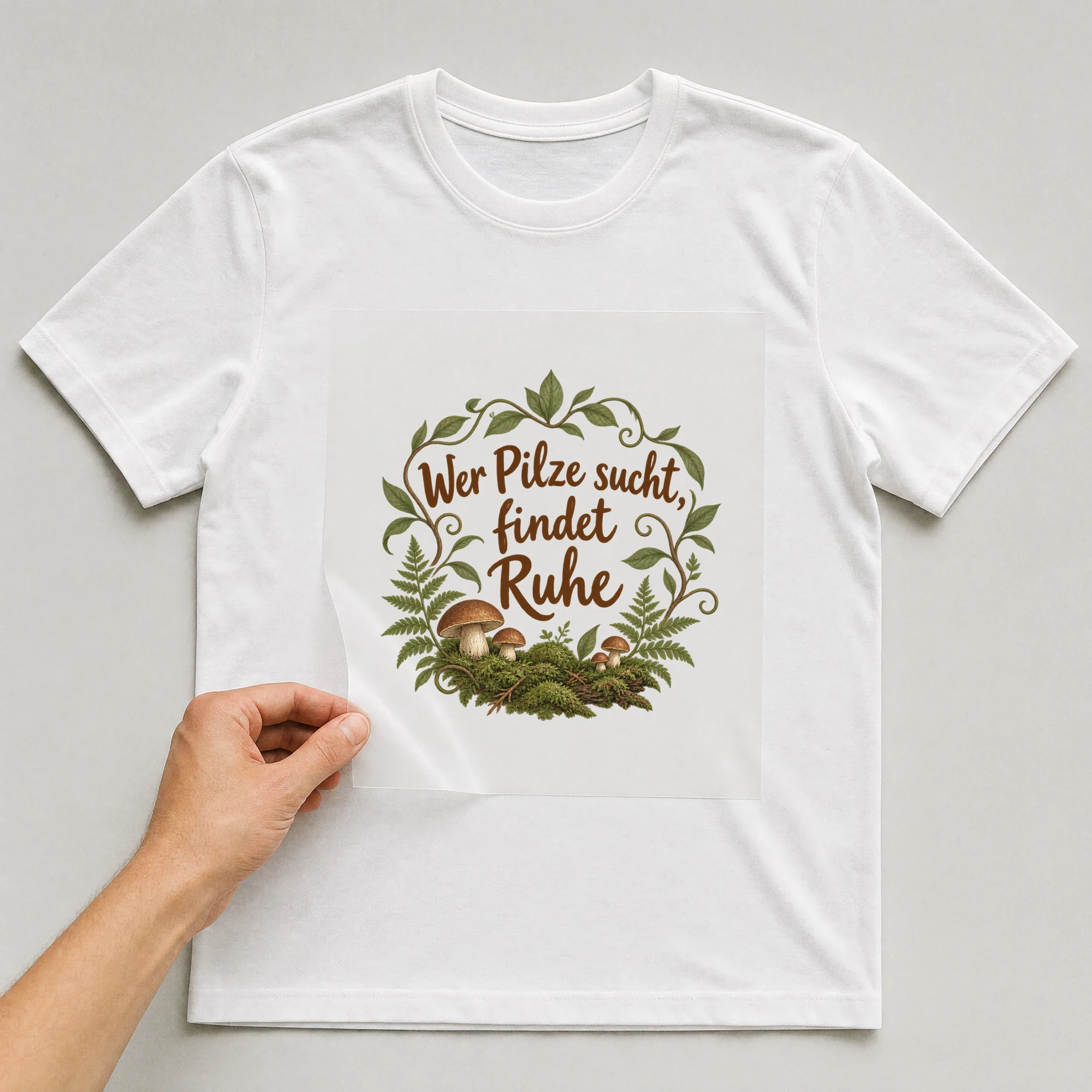 Bügelbild „Wer Pilze sucht, findet Ruhe“ auf weißem T-Shirt, Folie wird aufgelegt