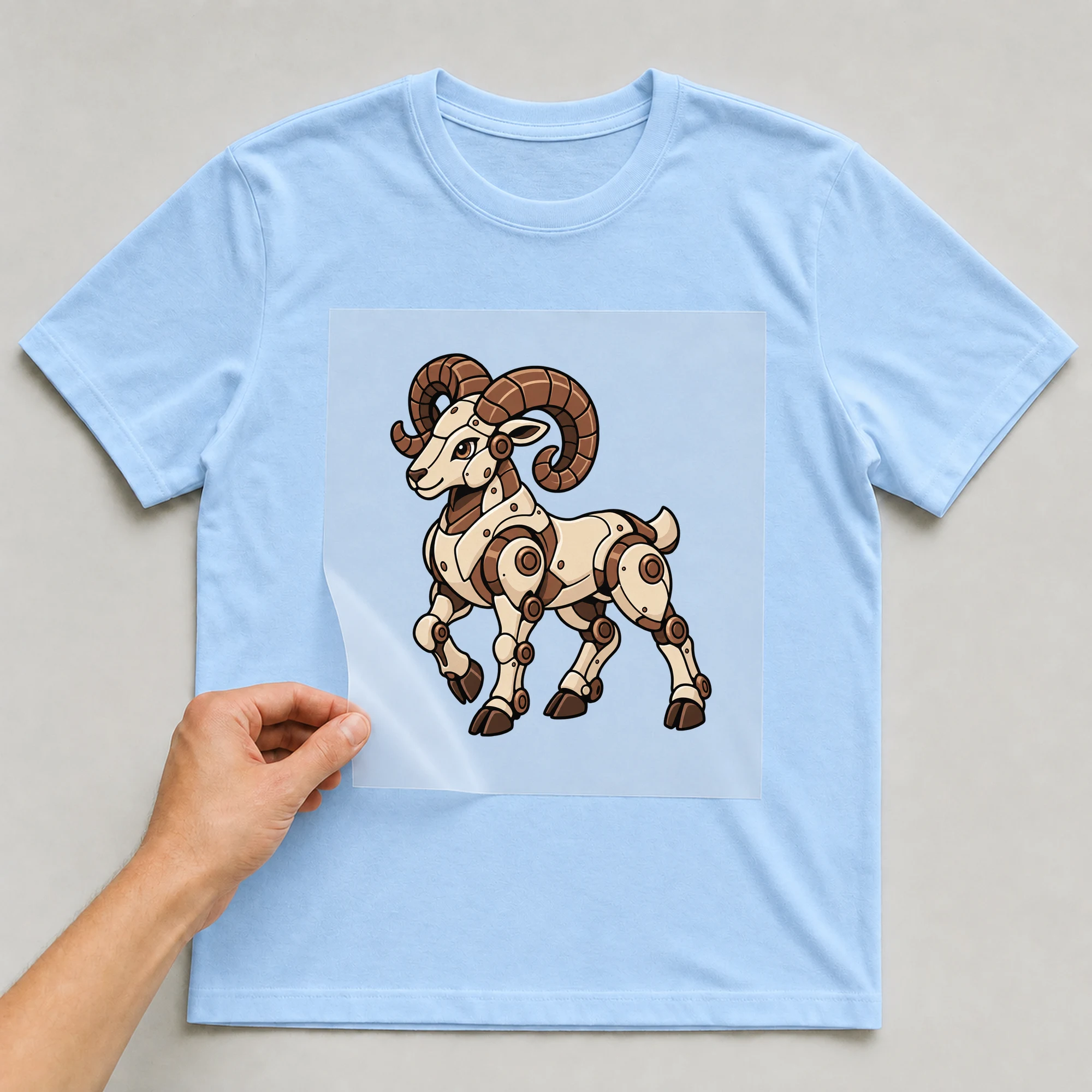 Bügelbild „Mecha Robotic Zodiac Sign Aries“ auf babyblauem T-Shirt, Folie wird aufgelegt