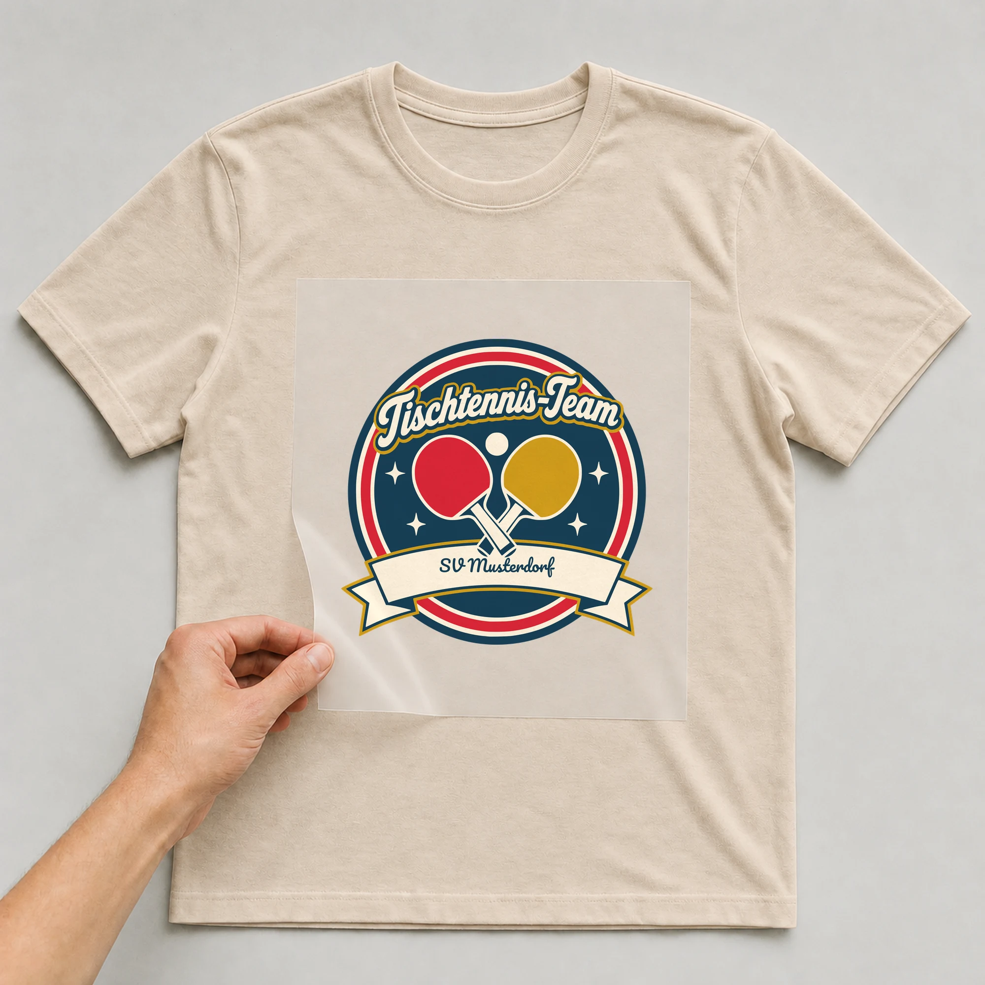 Bügelbild Tischtennis-Team mit Verein auf beigem T-Shirt, Folie wird aufgelegt