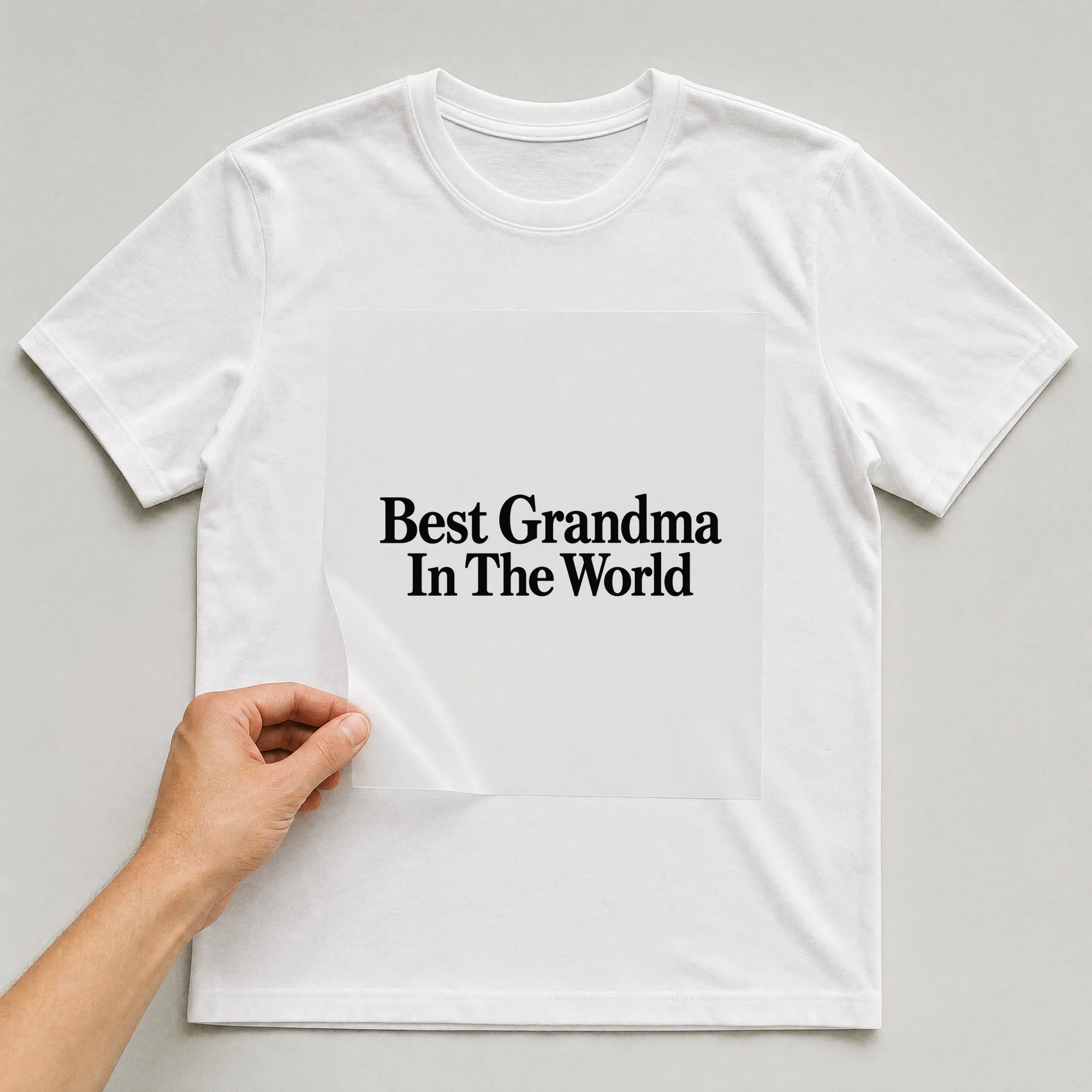 Bügelbild „Best Grandma In The World“ auf weißem T-Shirt, Folie wird aufgelegt
