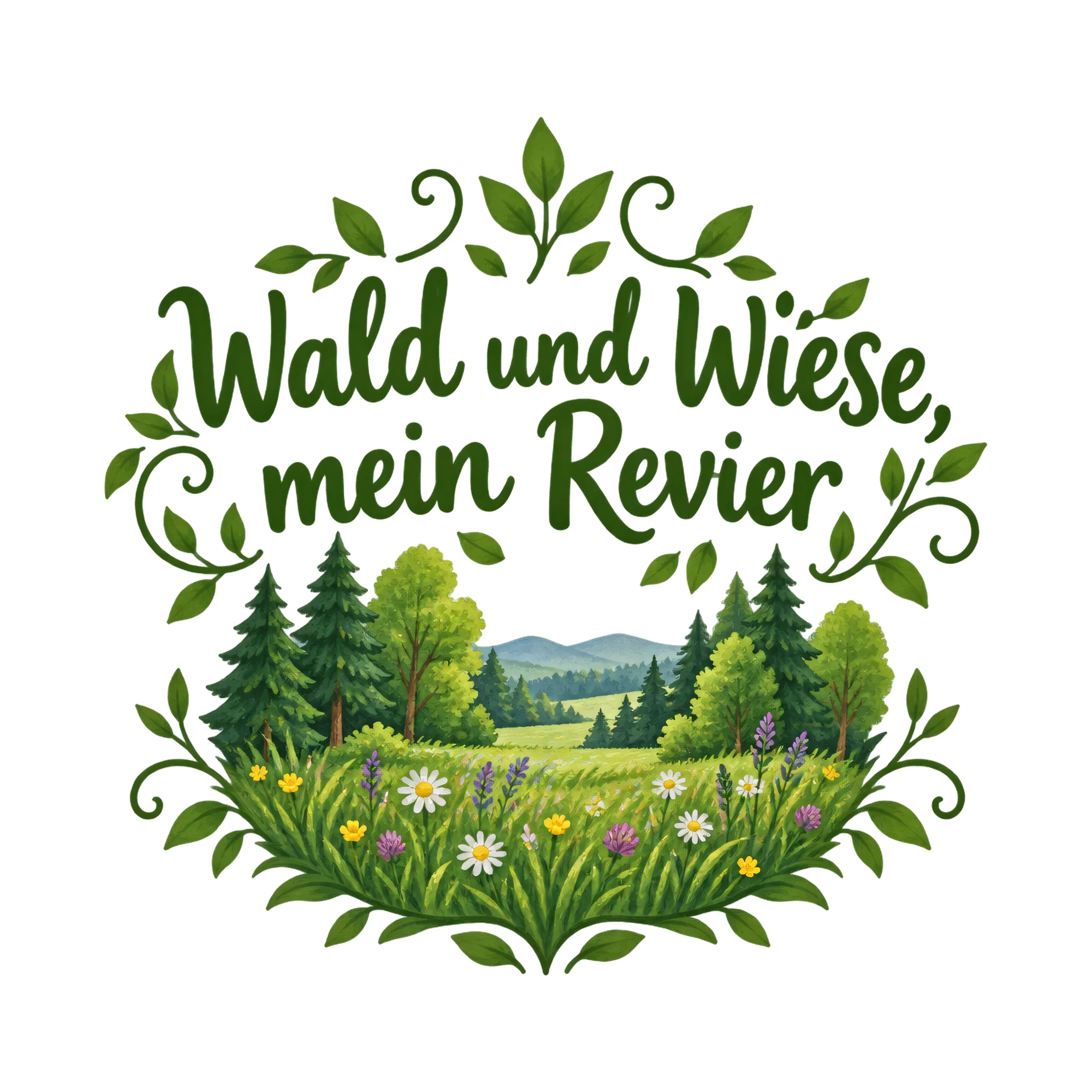 Bügelbild Wald und Wiese, mein Revier als Grafik auf weißem Hintergrund (BB019786)