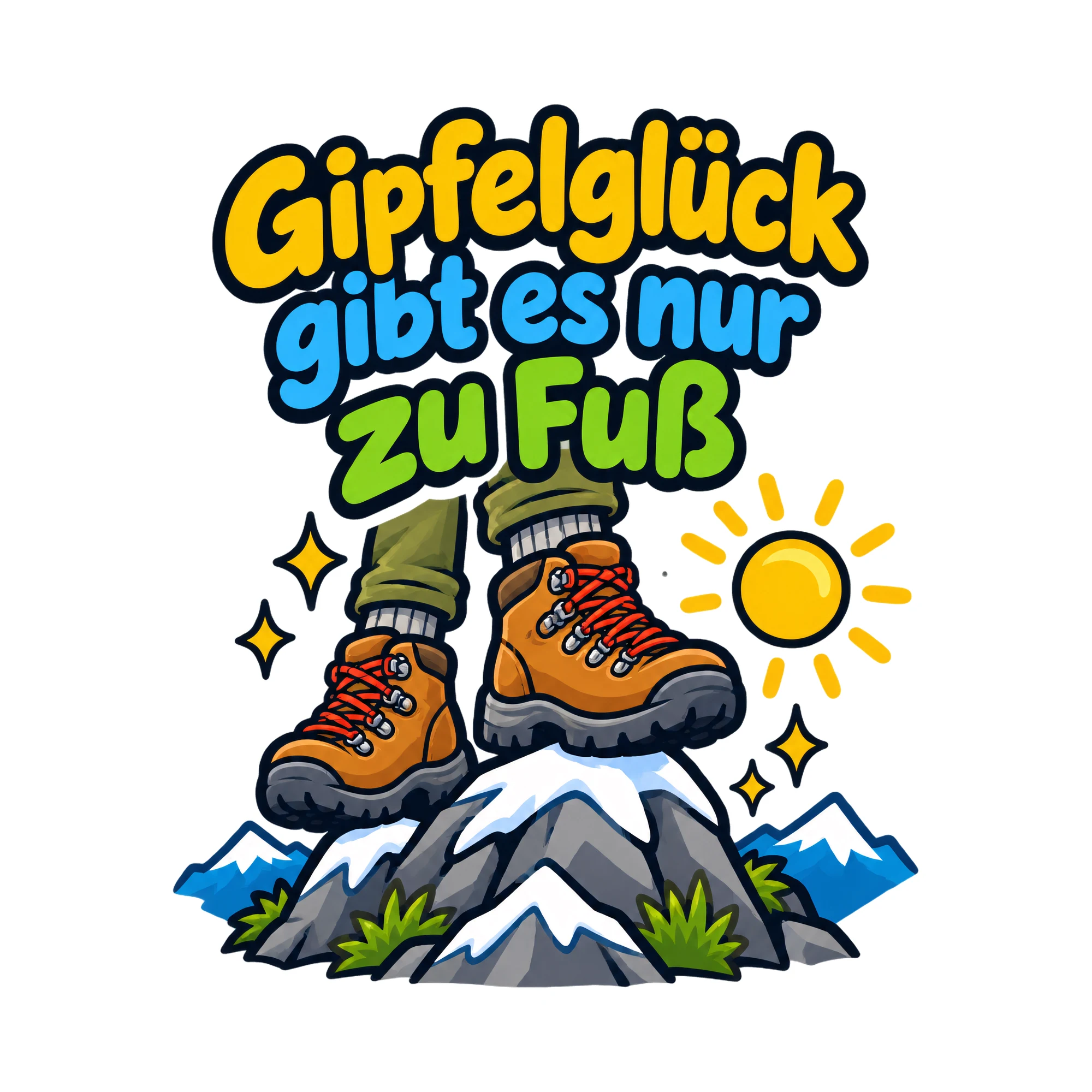 Bügelbild Gipfelglück gibt es nur zu Fuß als Grafik auf weißem Hintergrund (BB019397)