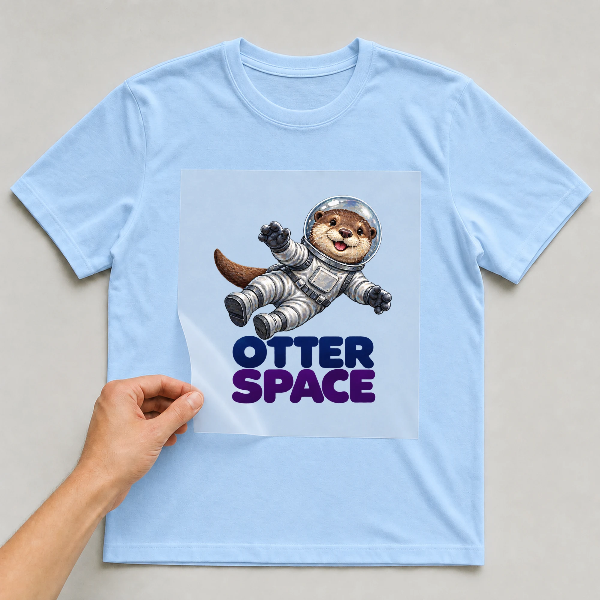 Bügelbild „Otter Space“ auf babyblauem T-Shirt, Folie wird aufgelegt