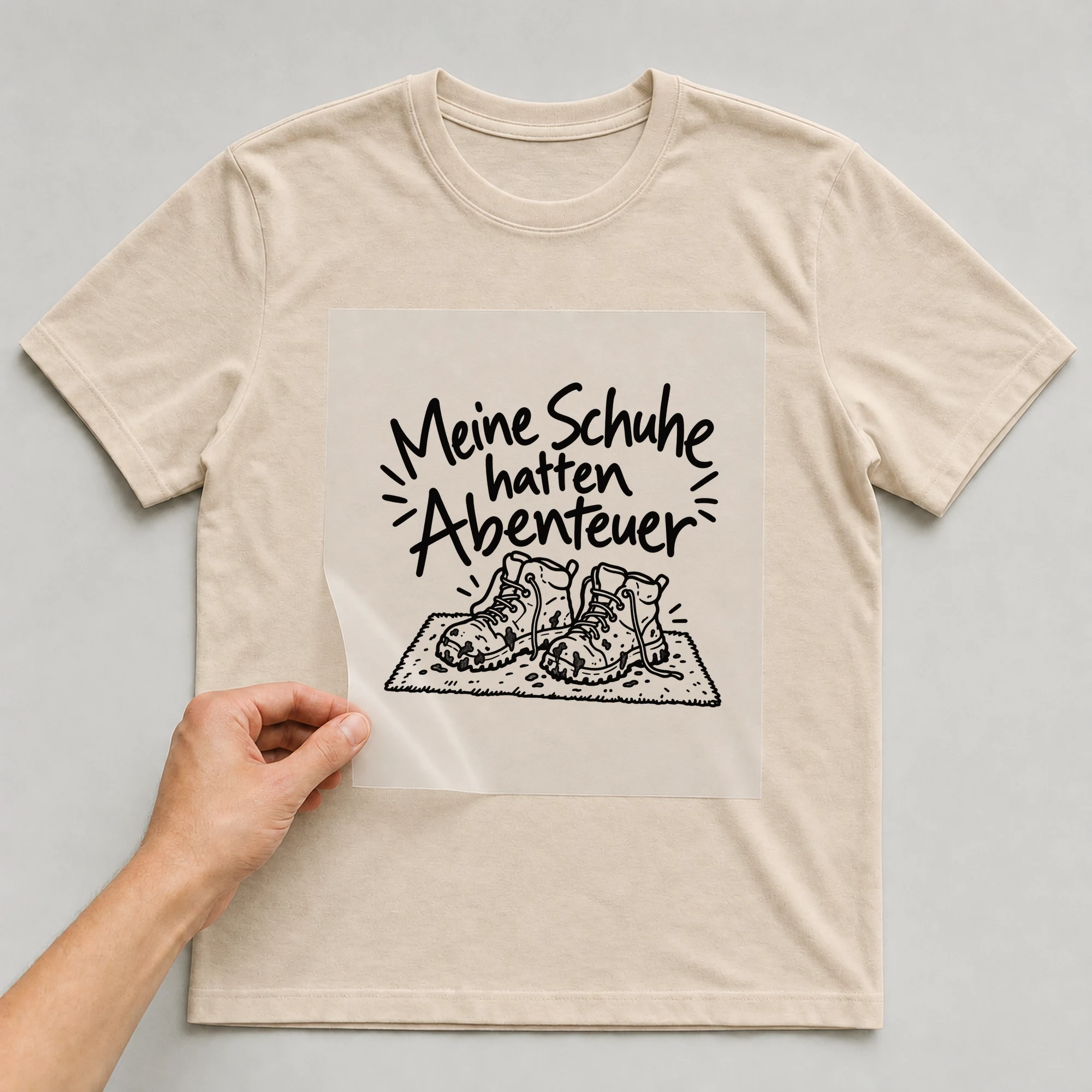 Bügelbild „Meine Schuhe hatten Abenteuer“ auf beigem T-Shirt, Folie wird aufgelegt