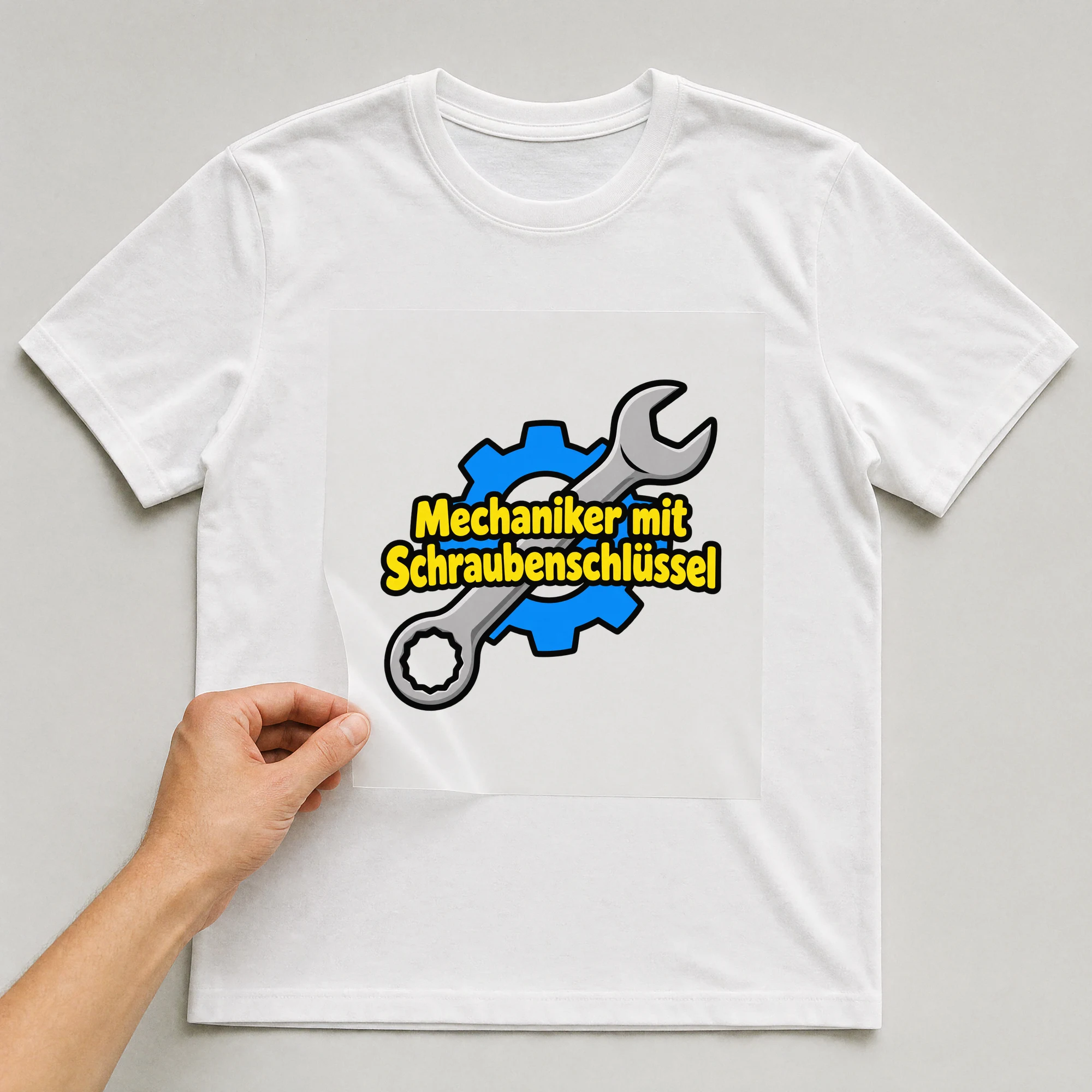 Bügelbild „Mechaniker mit Schraubenschlüssel“ auf weißem T-Shirt, Folie wird aufgelegt
