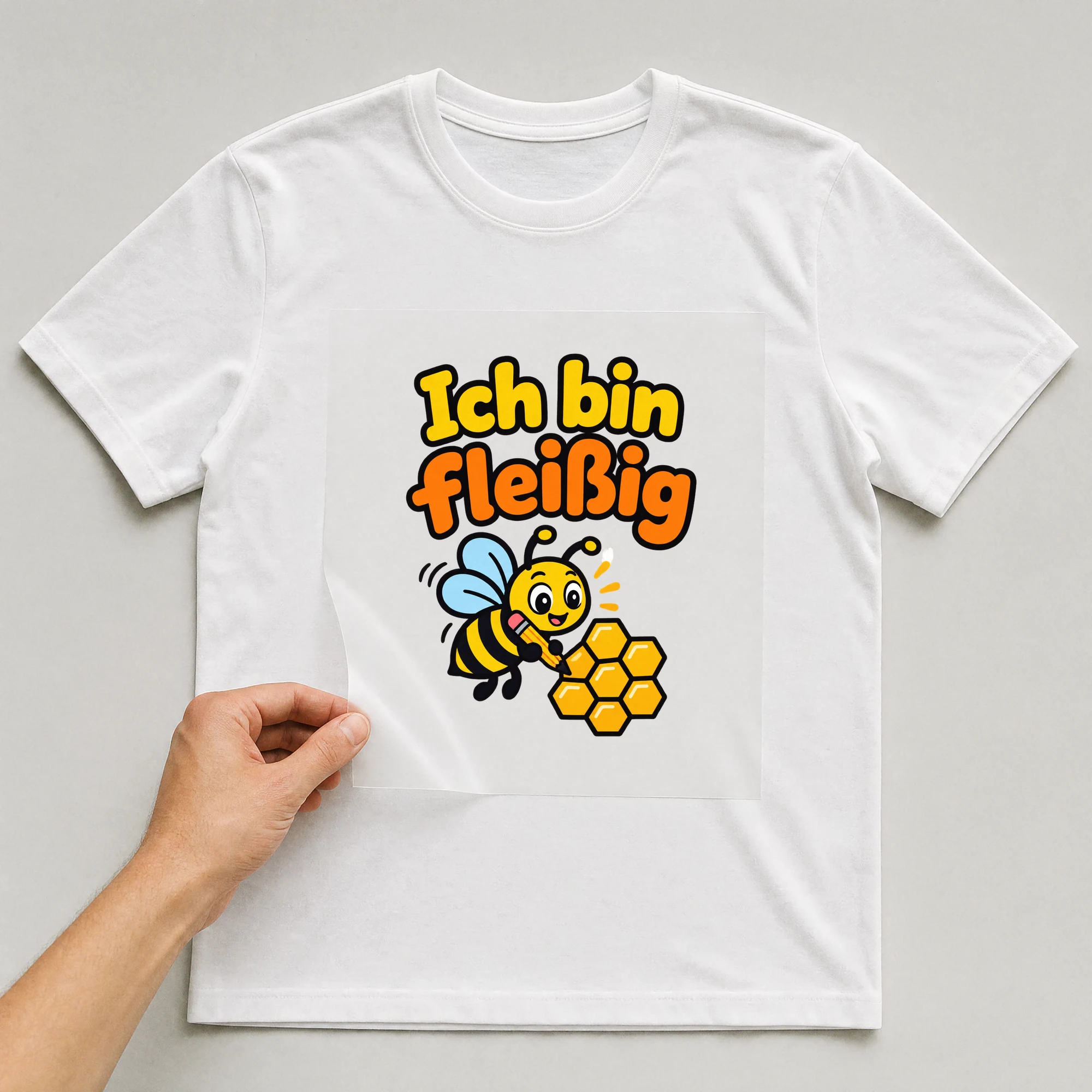 Bügelbild „Ich bin fleißig“ auf weißem T-Shirt, Folie wird aufgelegt