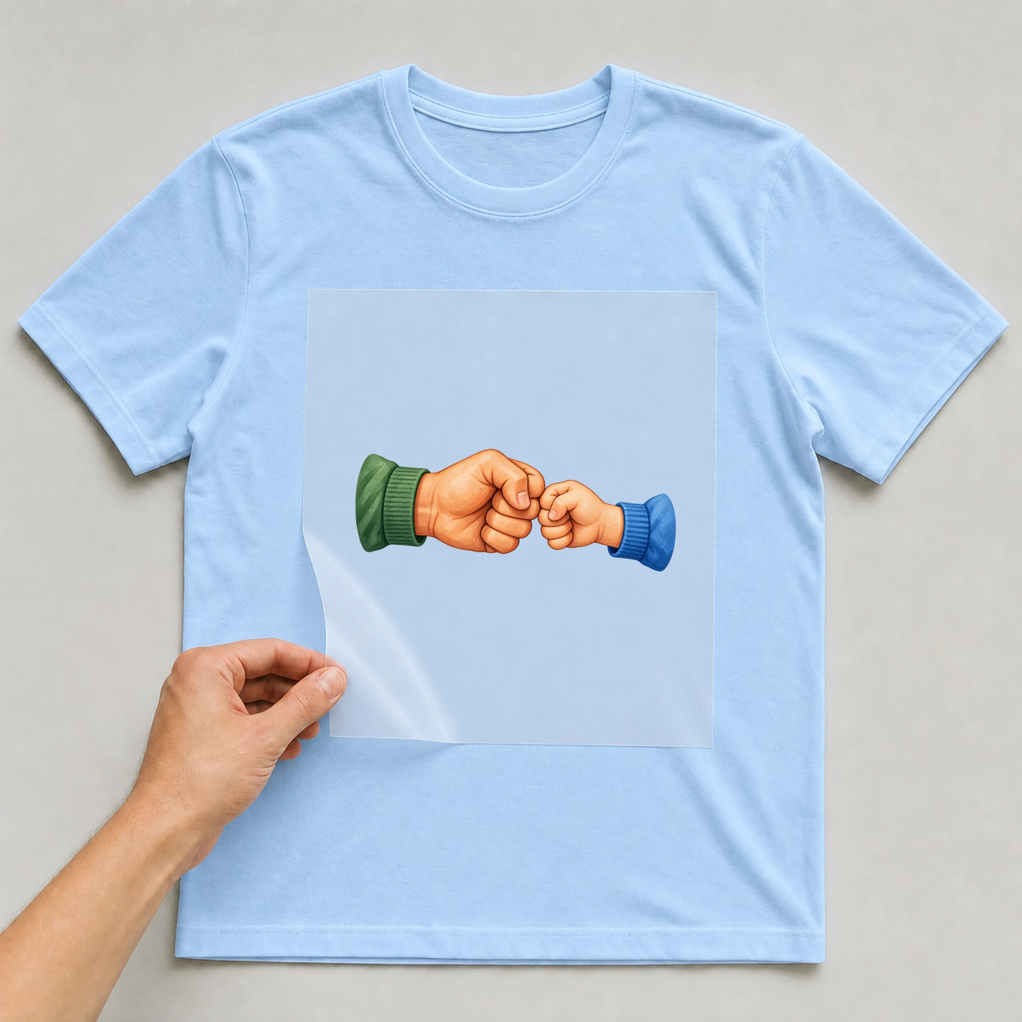 Bügelbild „Vater Und Tochter“ auf babyblauem T-Shirt, Folie wird aufgelegt
