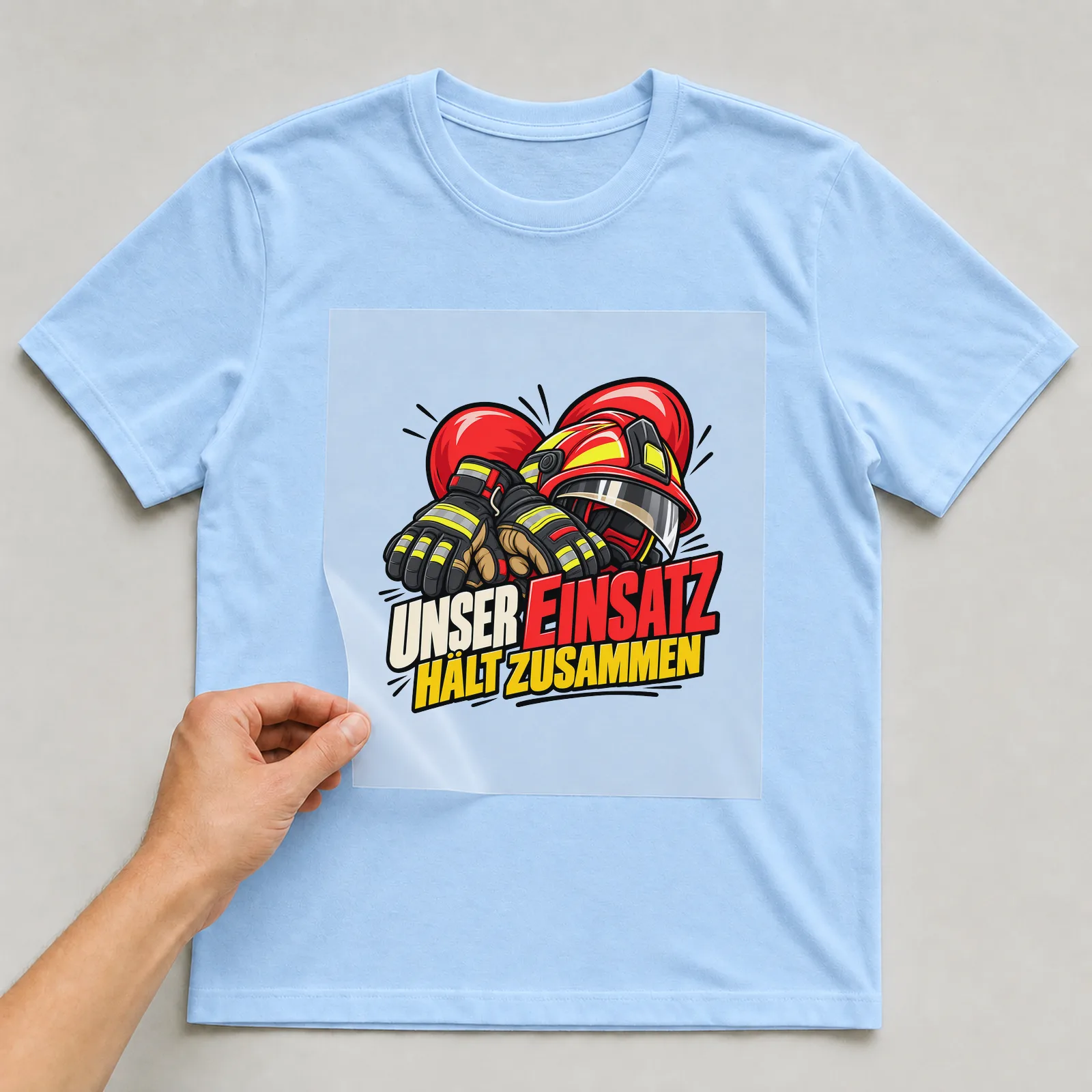 Bügelbild „Unser Einsatz hält Zusammen“ auf hellblauem T-Shirt, Folie wird aufgelegt