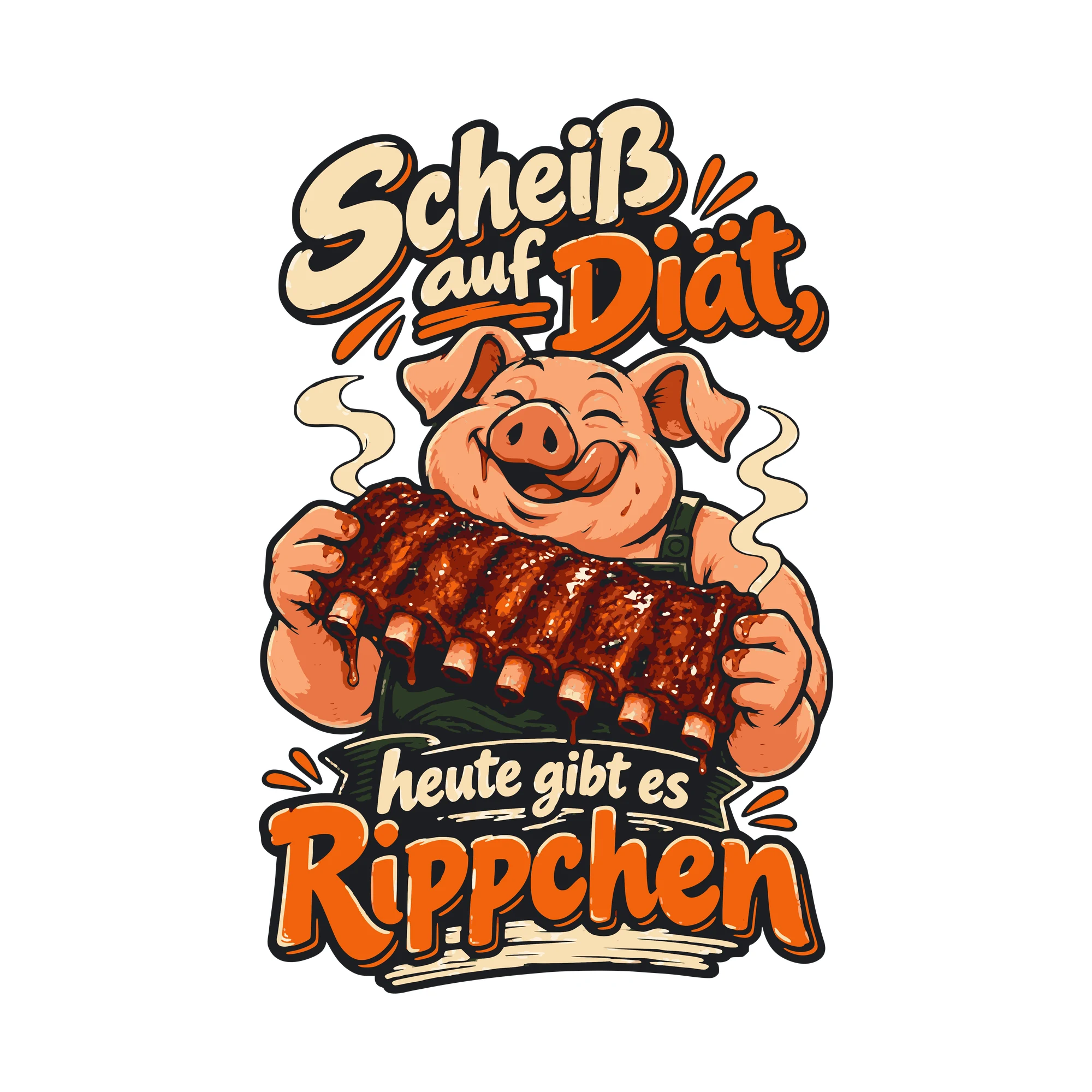 Bügelbild Scheiß auf Diät, heute gibt es Rippchen als Grafik auf weißem Hintergrund (BB011094)
