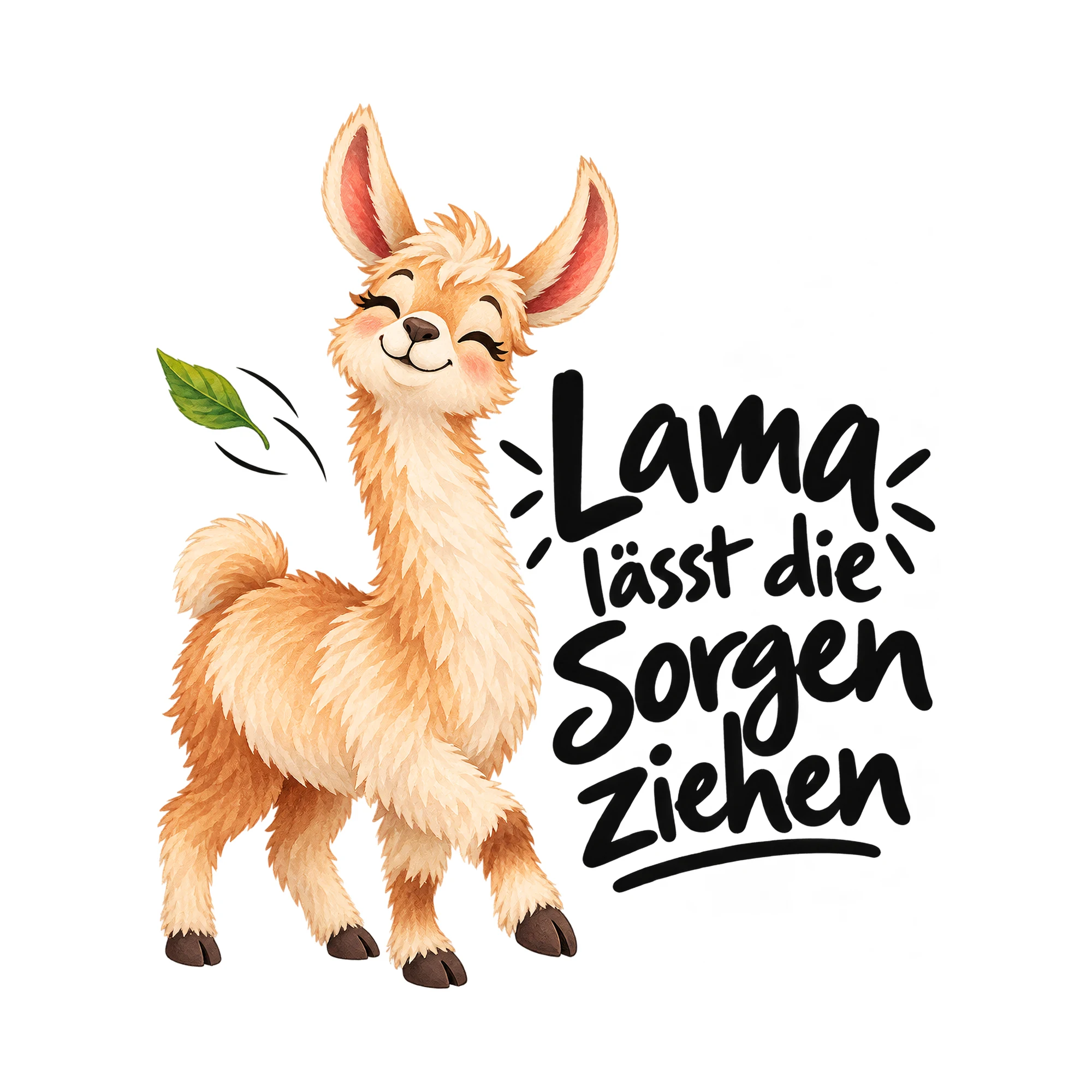 Bügelbild Lama lässt die Sorgen ziehen als Grafik auf weißem Hintergrund (BB012964)