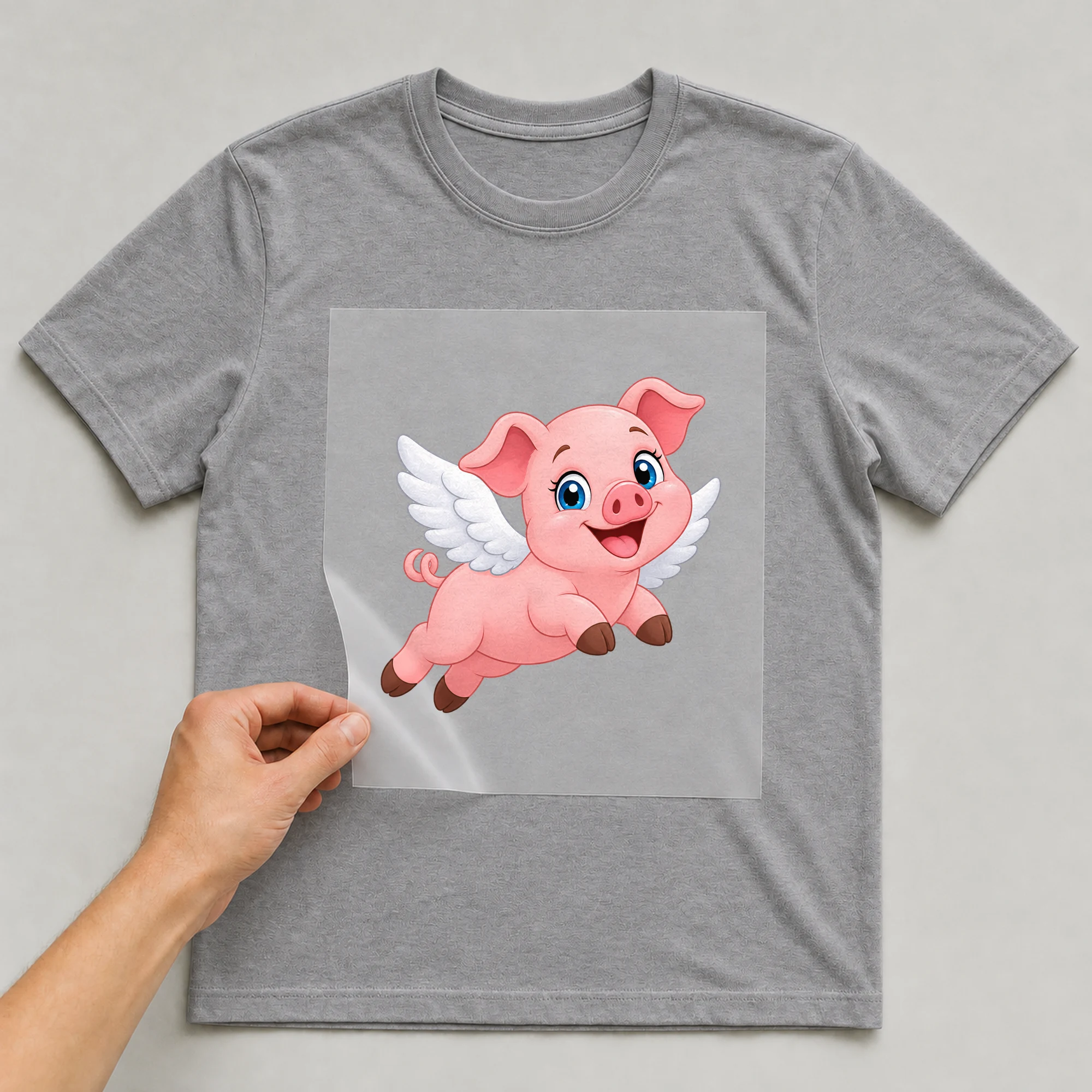 Bügelbild „Fliegendes Glücksschwein“ auf grauem T-Shirt, Folie wird aufgelegt
