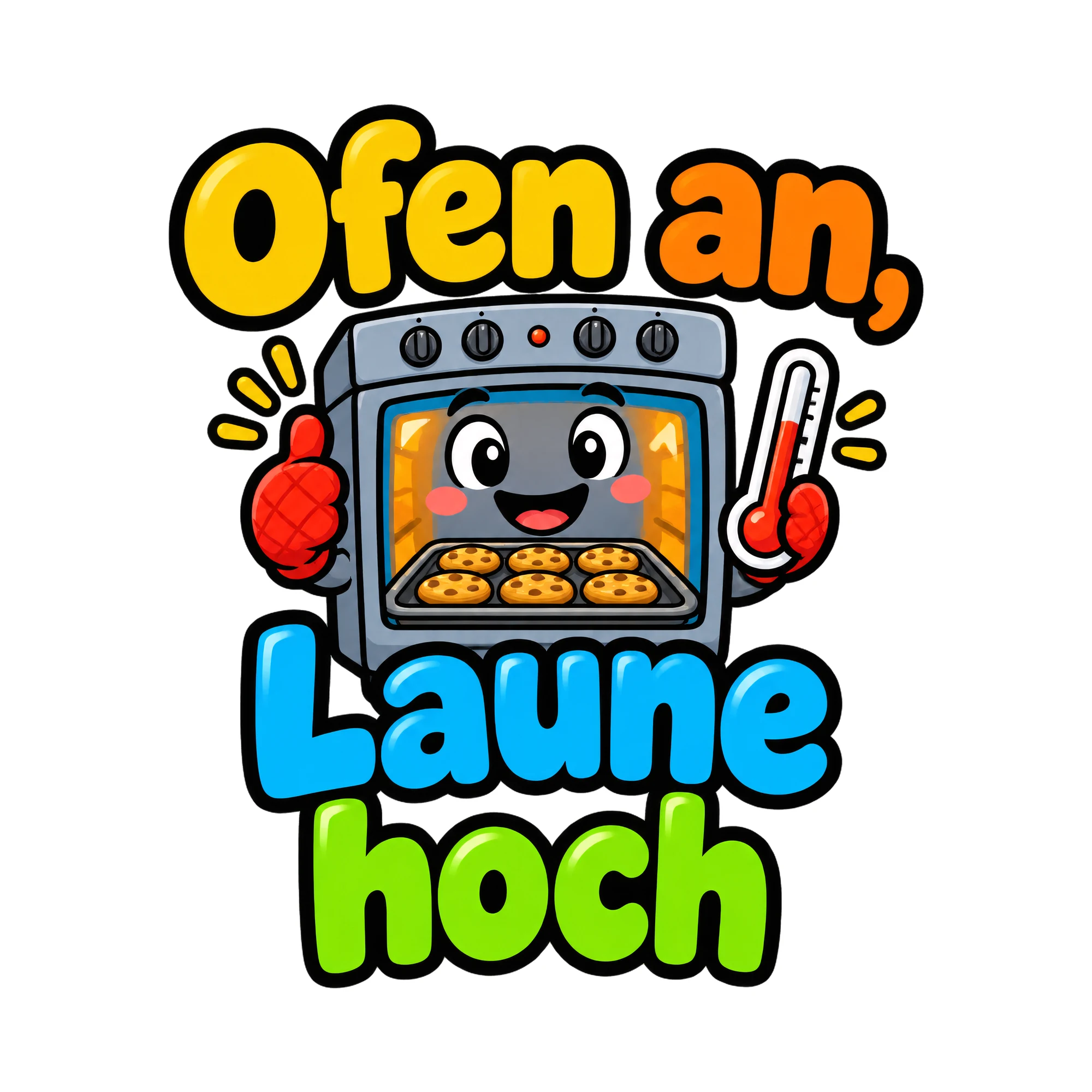 Bügelbild Ofen an, Laune hoch, Küchen Spruch Bügelbild als Grafik auf weißem Hintergrund (BB016502)