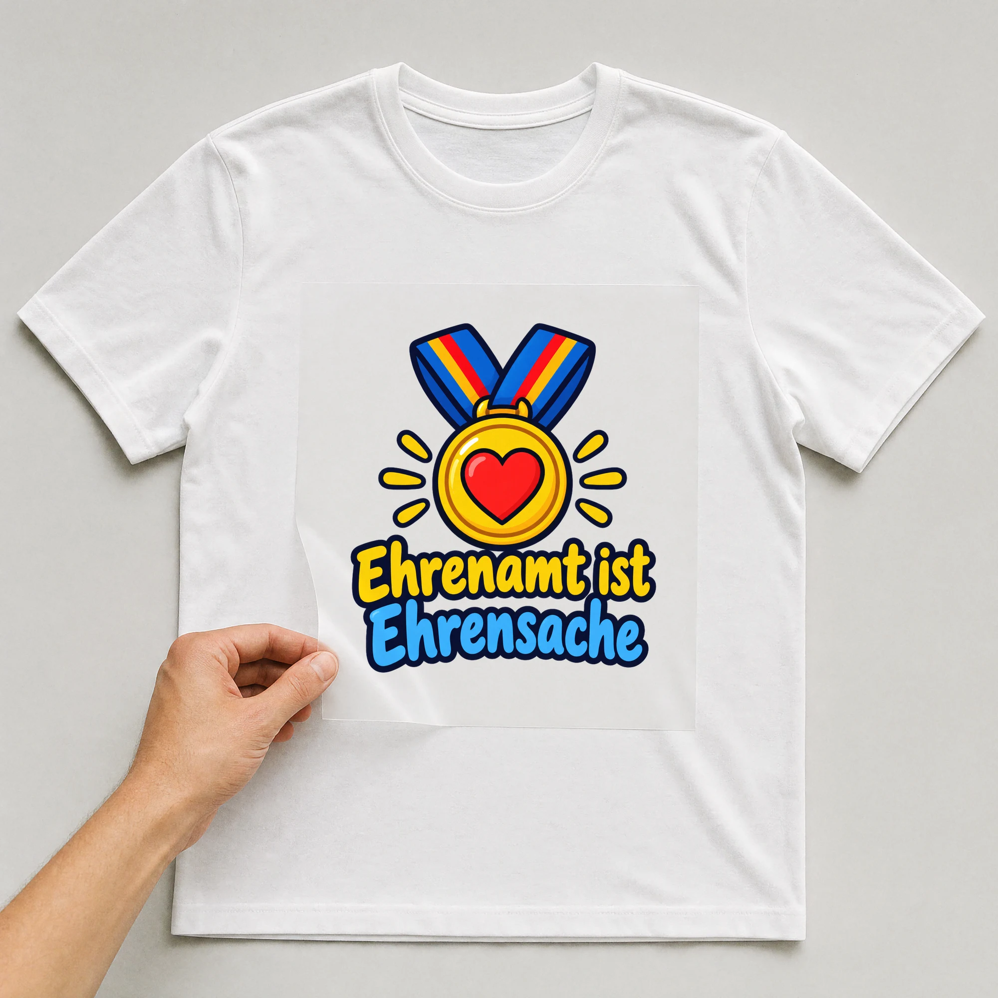 Bügelbild „Ehrenamt ist Ehrensache“ auf weißem T-Shirt, Folie wird aufgelegt