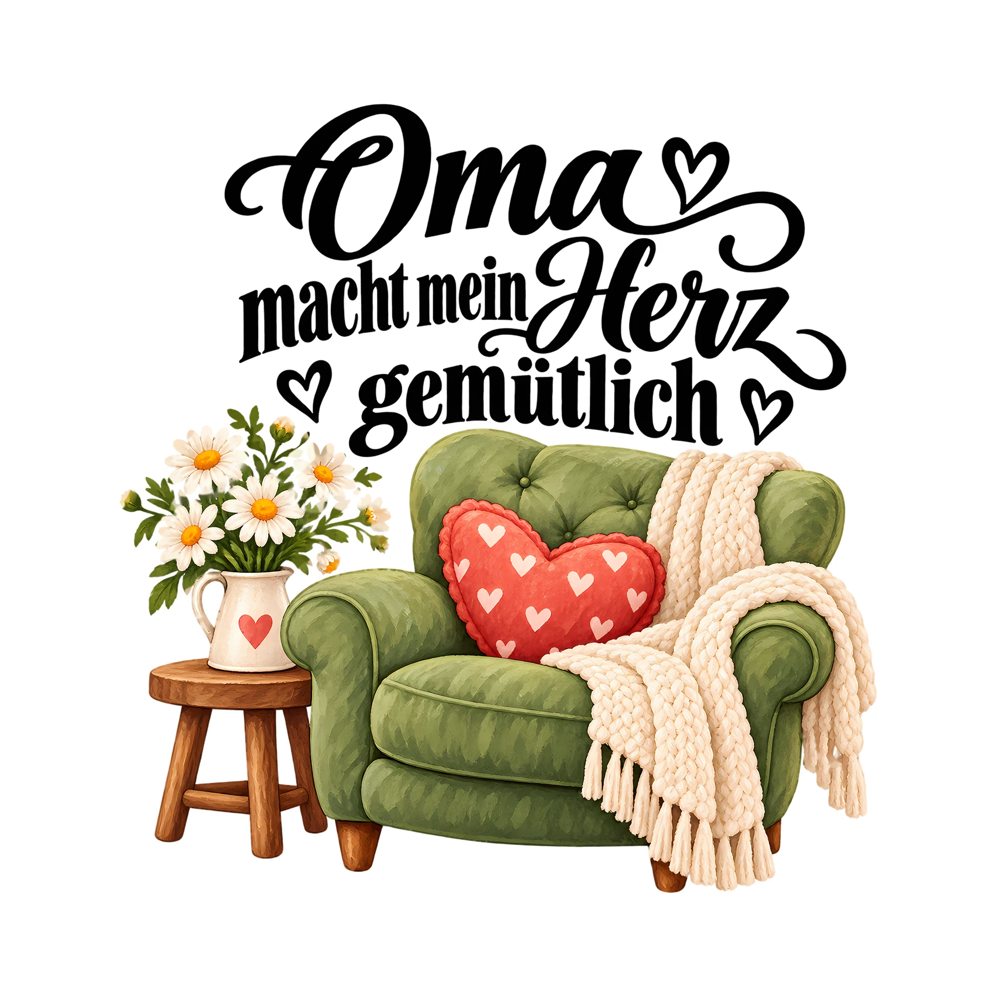 Bügelbild Oma macht mein Herz gemütlich als Grafik auf weißem Hintergrund (BB012533)