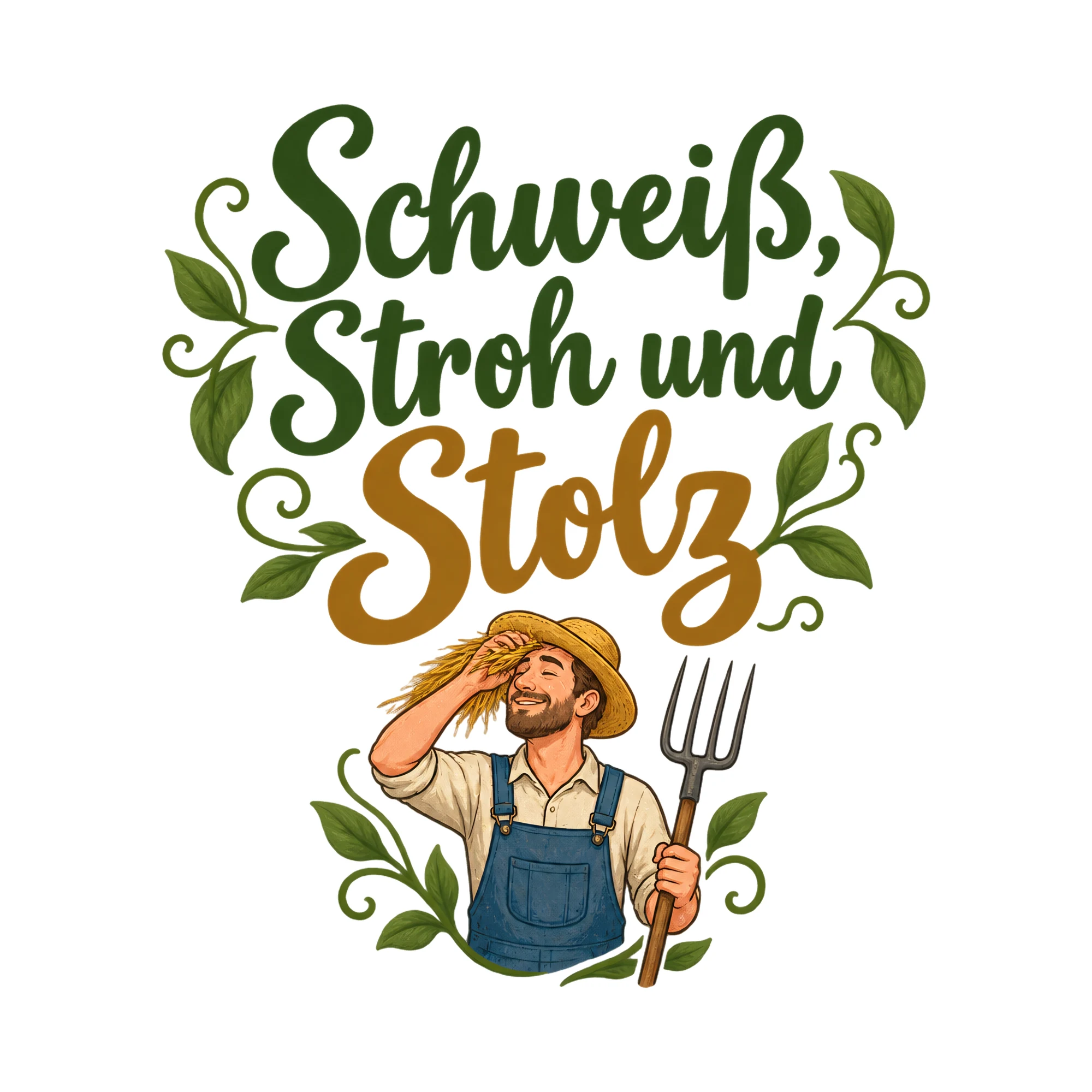 Bügelbild Schweiß, Stroh und Stolz als Grafik auf weißem Hintergrund (BB020322)