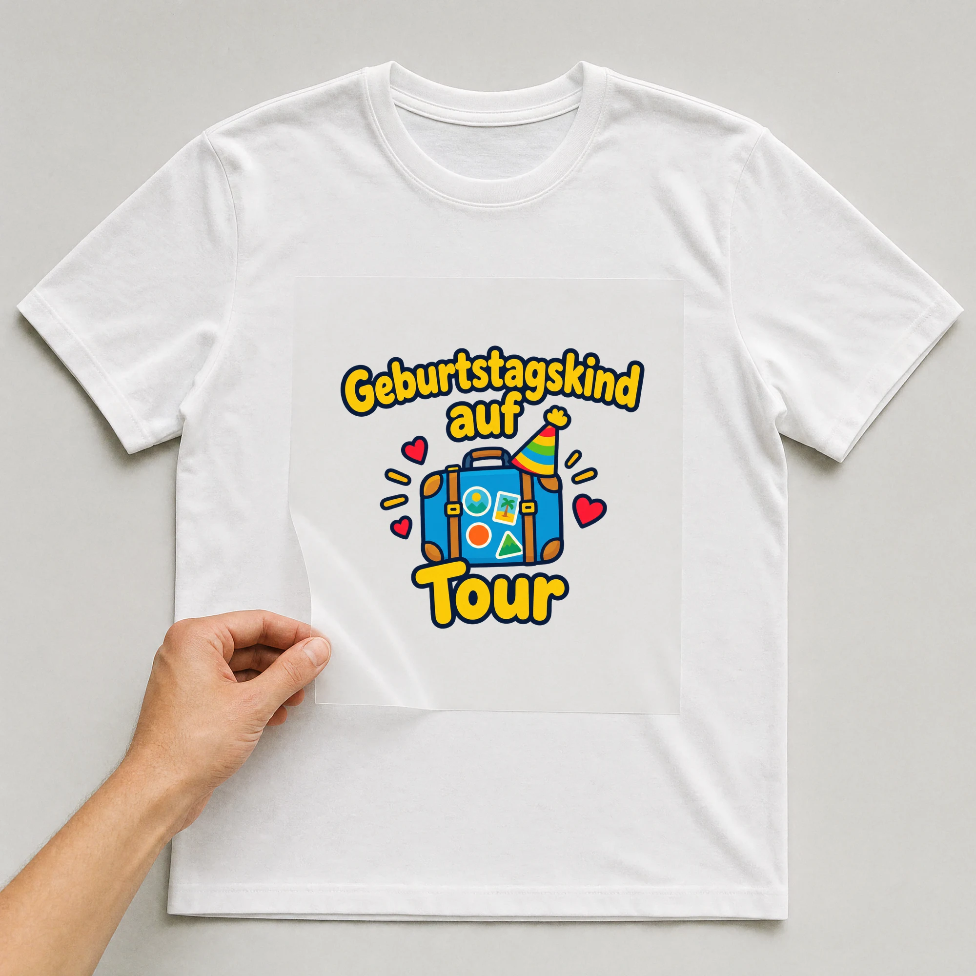 Bügelbild „Geburtstagskind auf Tour“ auf weißem T-Shirt, Folie wird aufgelegt