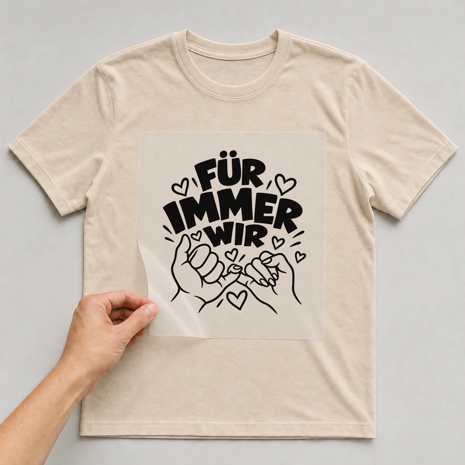 Bügelbild „Für immer wir“ (klaren Konturen) auf beigem T-Shirt, Folie wird aufgelegt