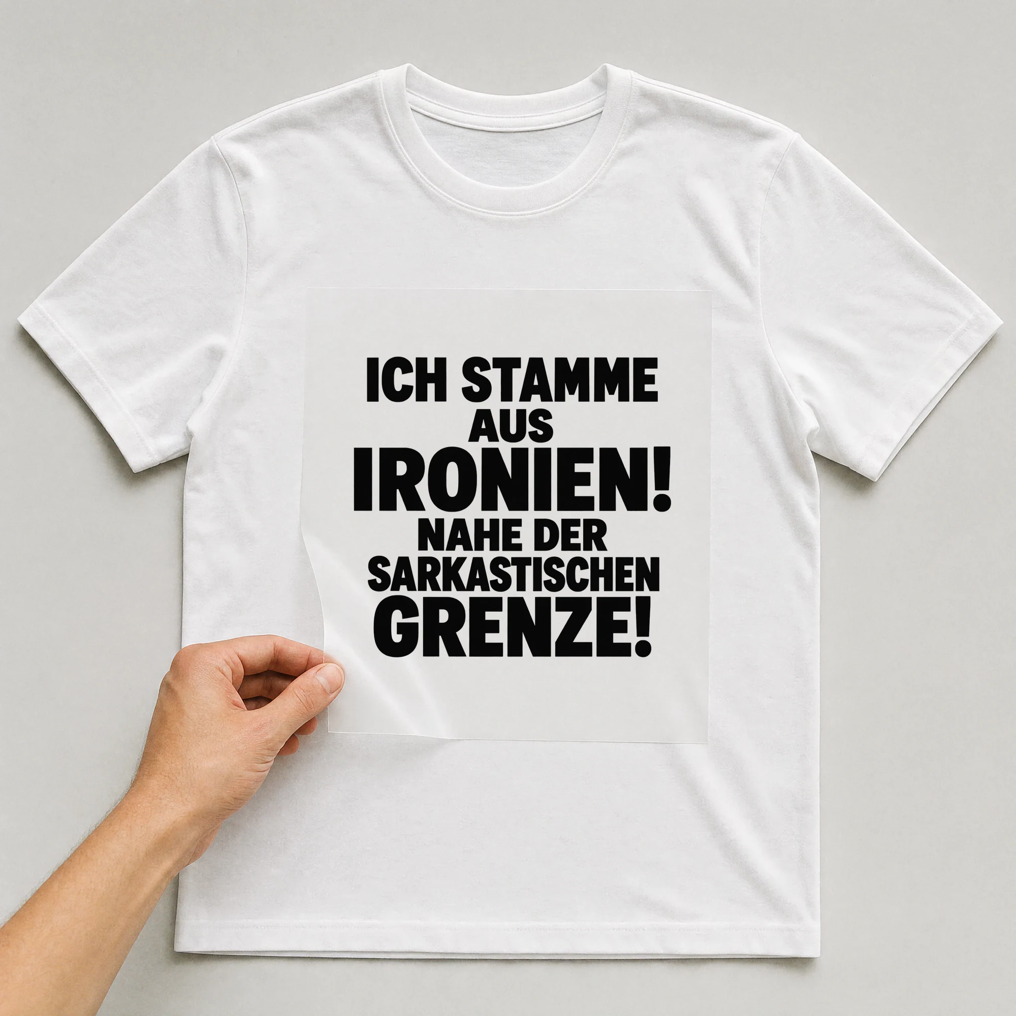 Bügelbild „Ich Stamme Aus Ironien! Nahe Der Sarkastischen Grenze!“ auf weißem T-Shirt, Folie wird aufgelegt