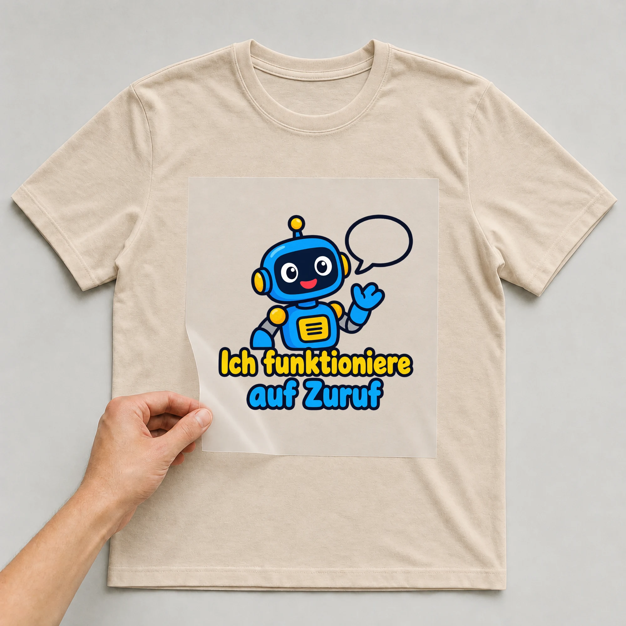 Bügelbild „Ich funktioniere auf Zuruf“ auf beigem T-Shirt, Folie wird aufgelegt