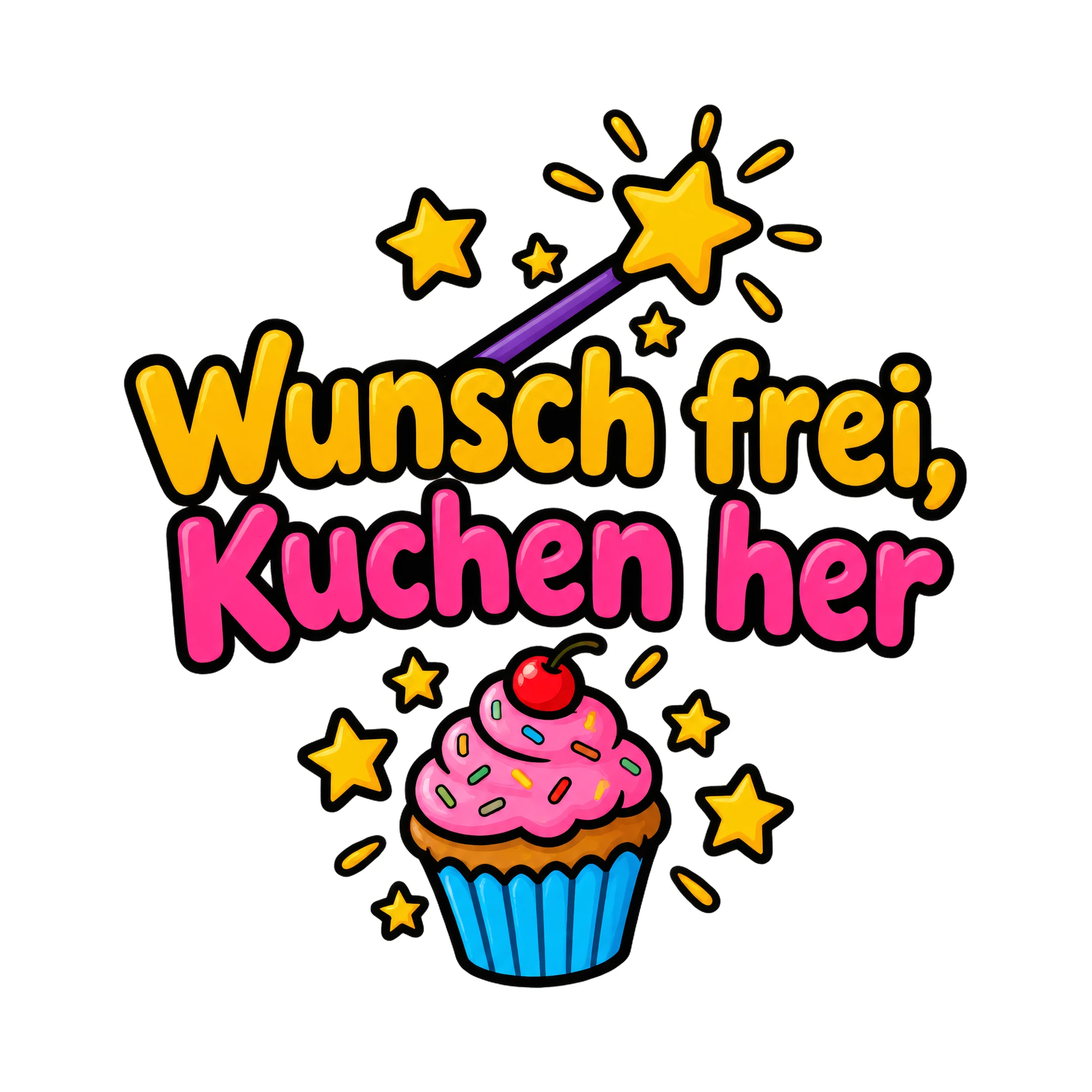 Bügelbild Wunsch frei kuchen her als Grafik auf weißem Hintergrund (BB016354)