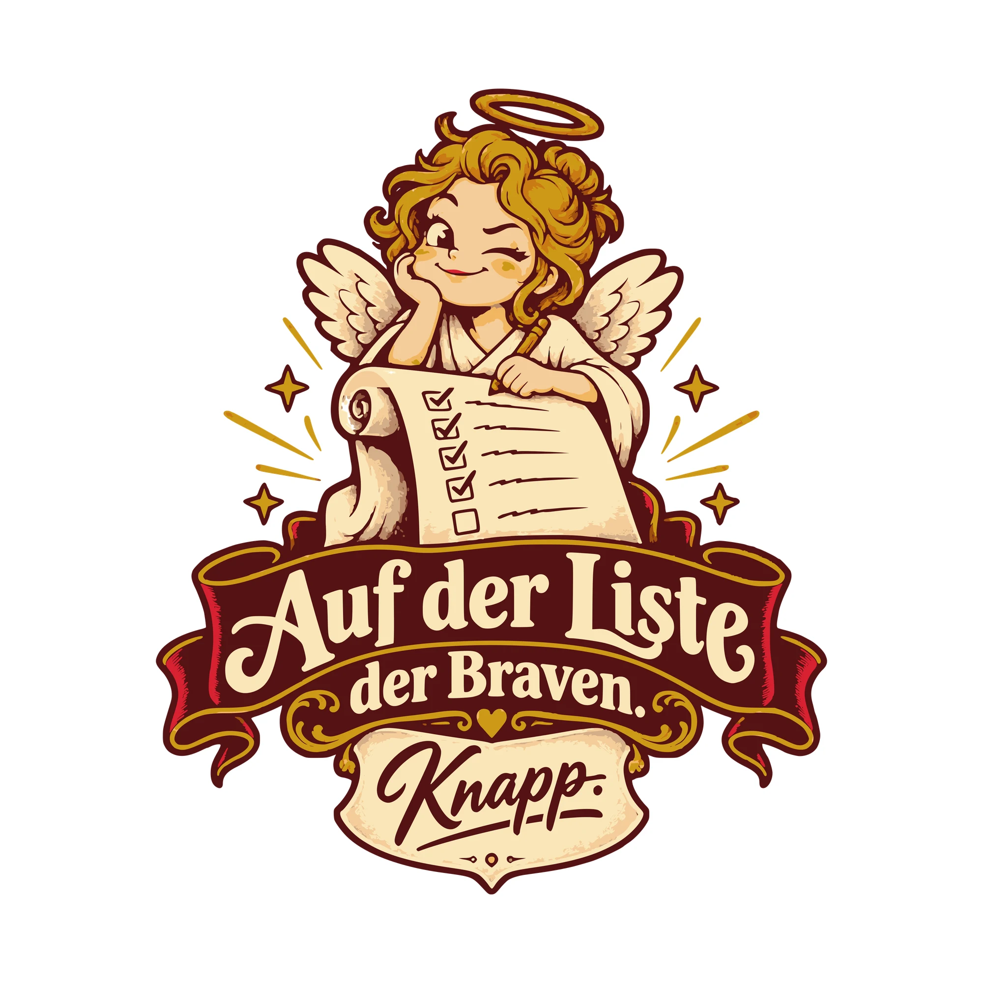 Bügelbild Auf der Liste der Braven. Knapp. als Grafik auf weißem Hintergrund (BB011178)