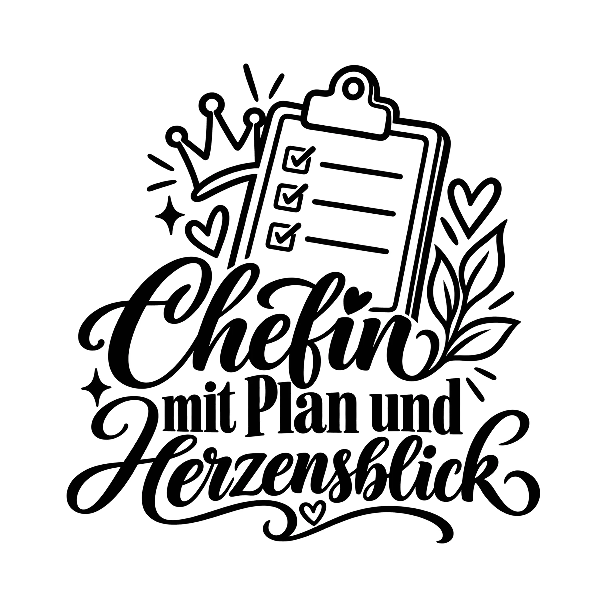 Bügelbild Chefin mit Plan und Herzensblick als Grafik auf weißem Hintergrund (BB011763)