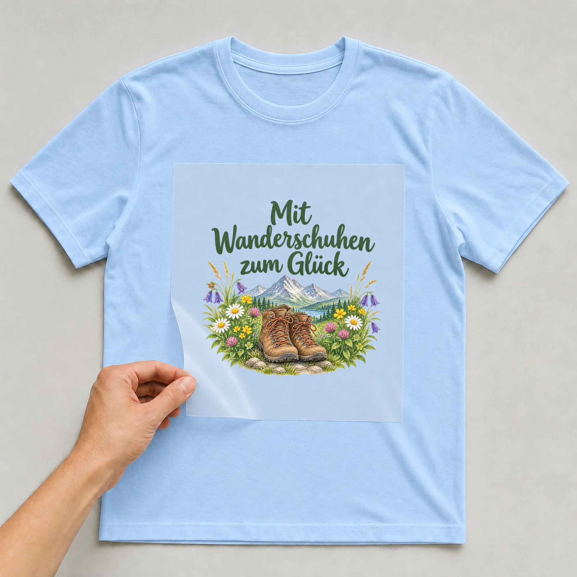 Bügelbild „Mit wanderschuhen zum glueck“ auf babyblauem T-Shirt, Folie wird aufgelegt