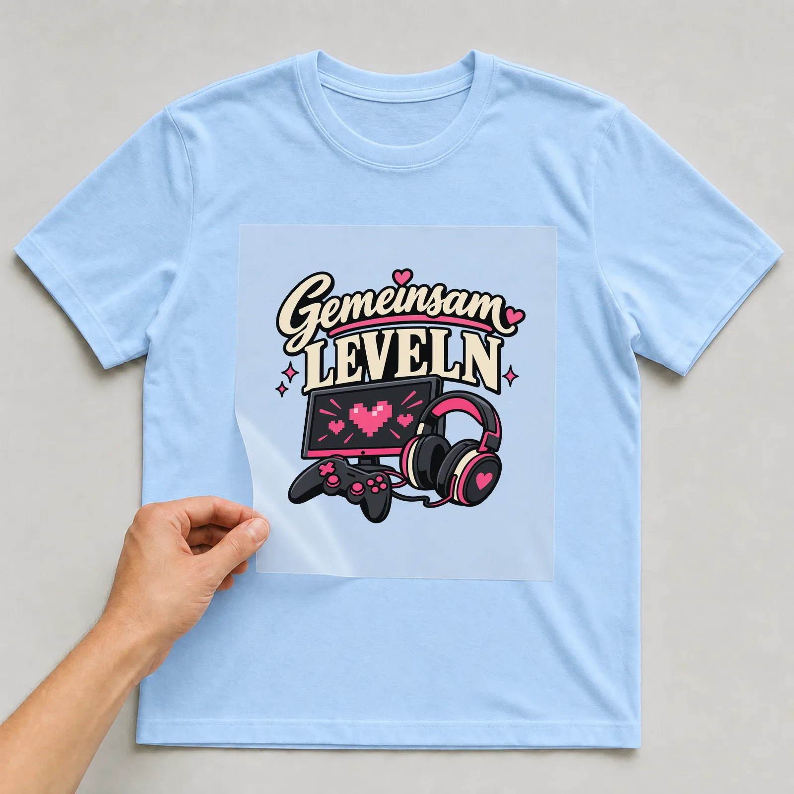 Bügelbild „Gemeinsam leveln“ (knallbunten Comic-Stil) auf hellblauem T-Shirt, Folie wird aufgelegt