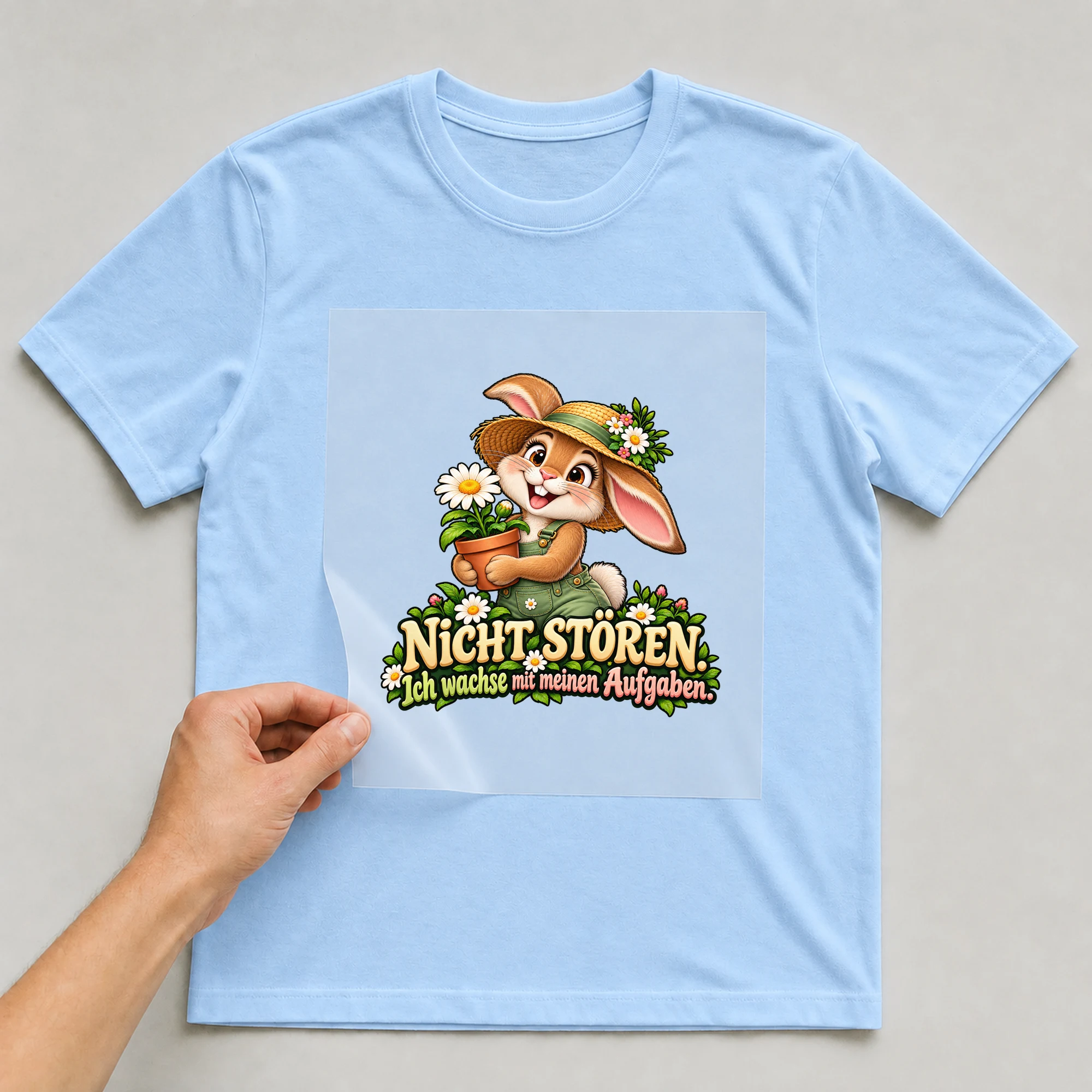 Bügelbild „Nicht stören. Ich wachse mit meinen Aufgaben.“ auf babyblauem T-Shirt, Folie wird aufgelegt