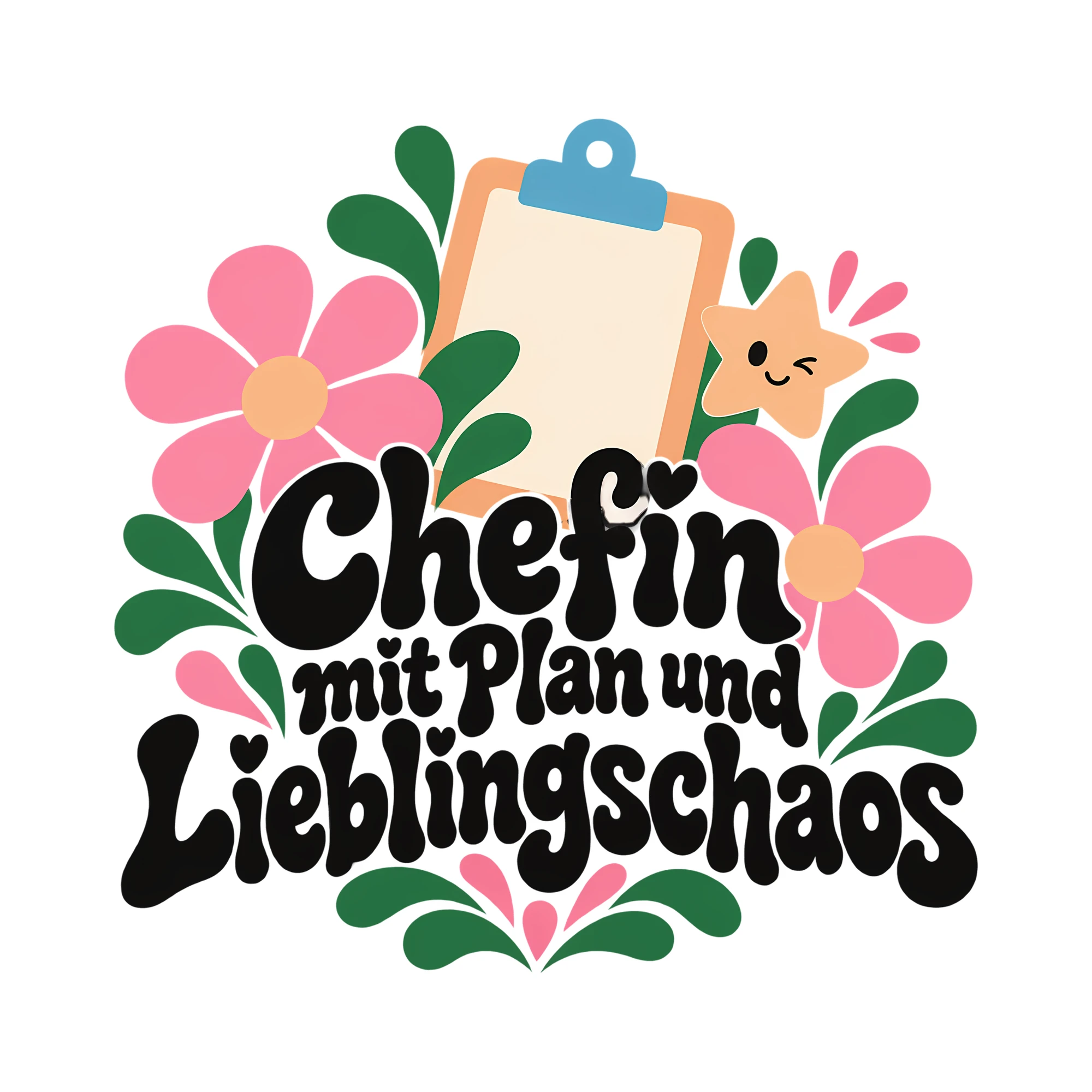 Bügelbild Chefin mit Plan und Lieblingschaos als Grafik auf weißem Hintergrund (BB011674)