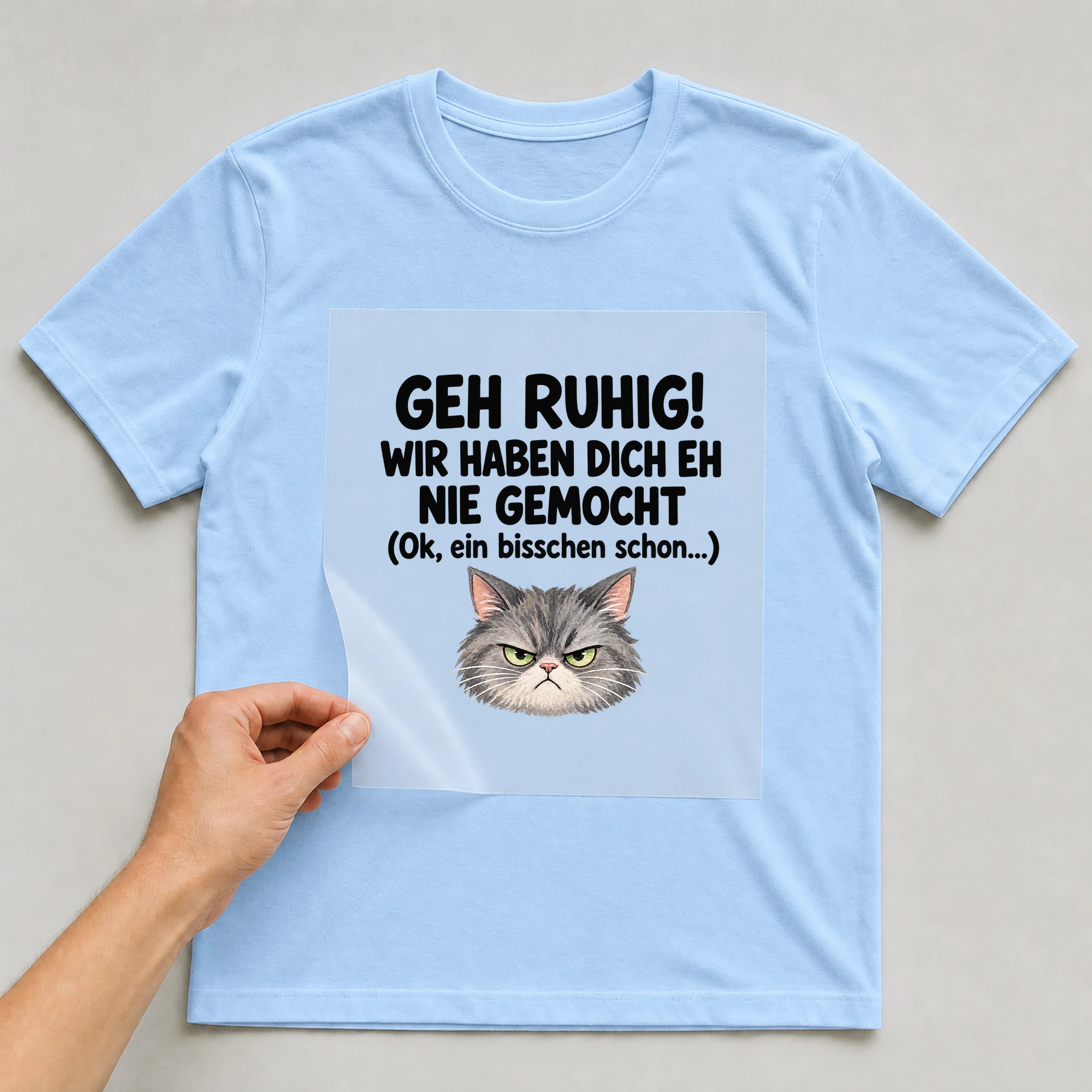 Bügelbild „Geh Ruhig! Wir Haben Dich Eh Nie Gemocht (ok, Ein Bisschen Schon...)“ auf babyblauem T-Shirt, Folie wird aufgelegt