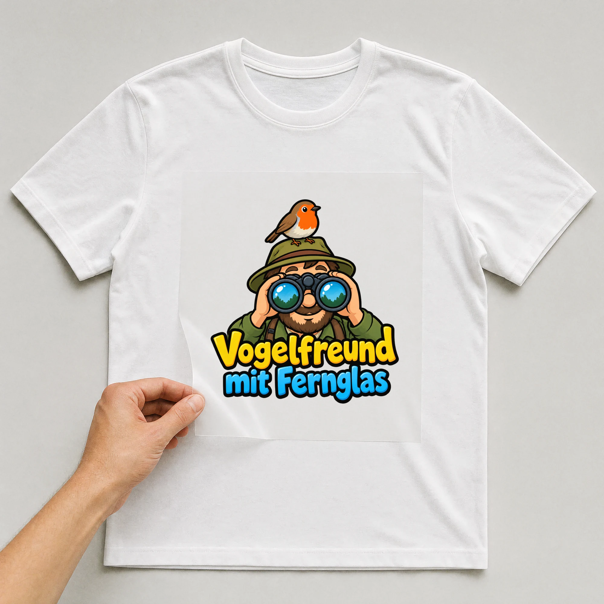 Bügelbild „Vogelfreund mit Fernglas“ auf weißem T-Shirt, Folie wird aufgelegt