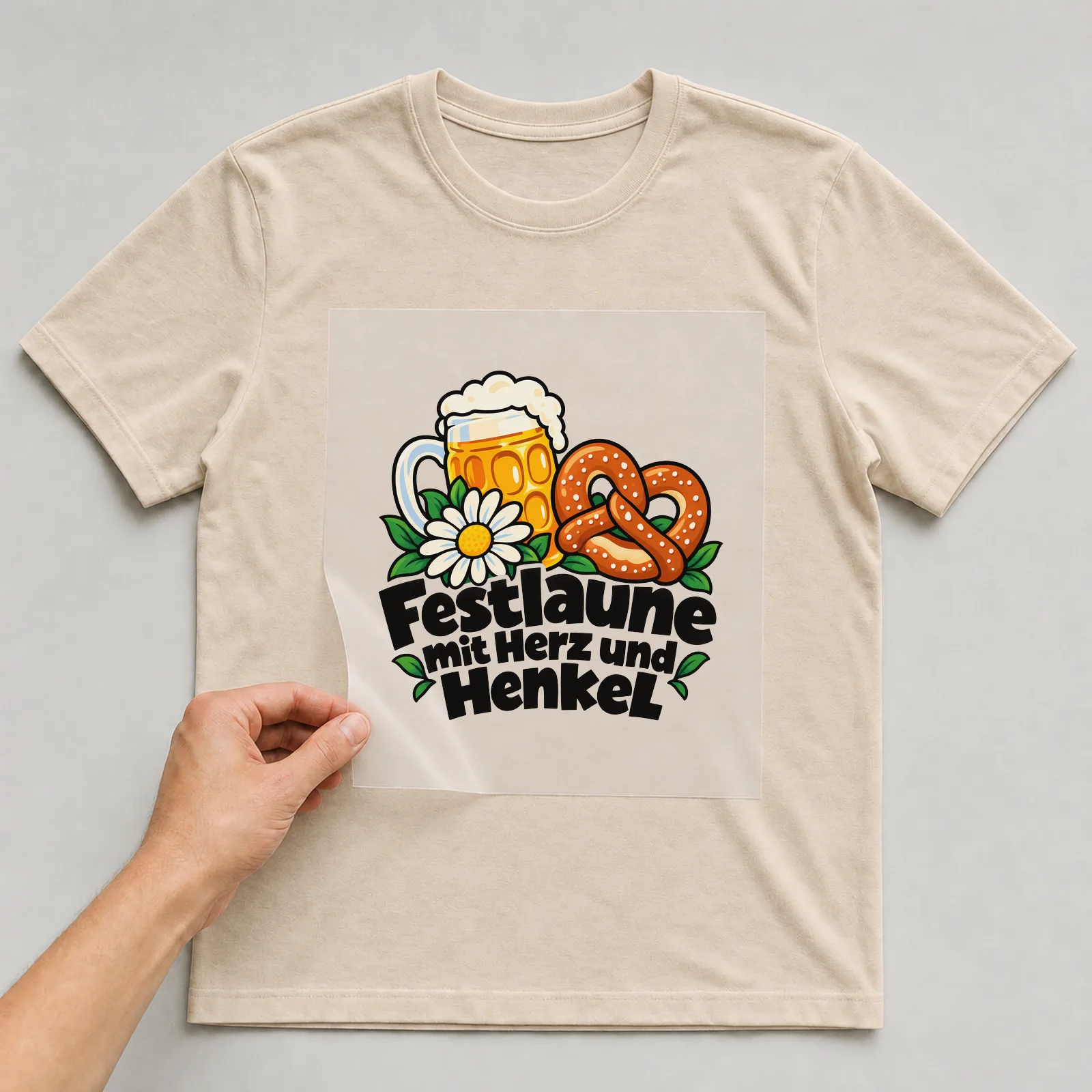 Bügelbild „Festlaune mit Herz und Henkel“ auf beigem T-Shirt, Folie wird aufgelegt