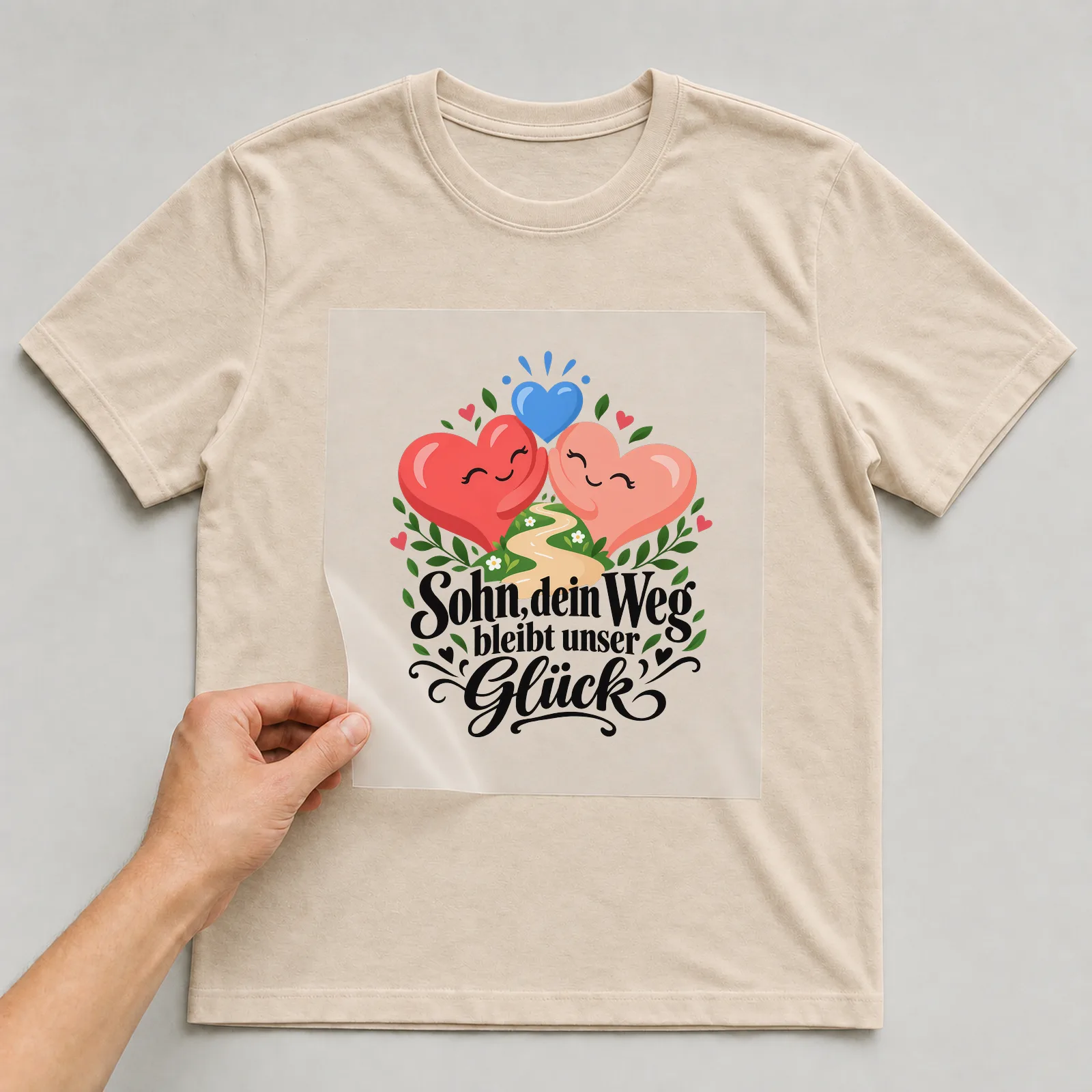 Bügelbild „Sohn, dein Weg bleibt unser Glück“ auf beigem T-Shirt, Folie wird aufgelegt