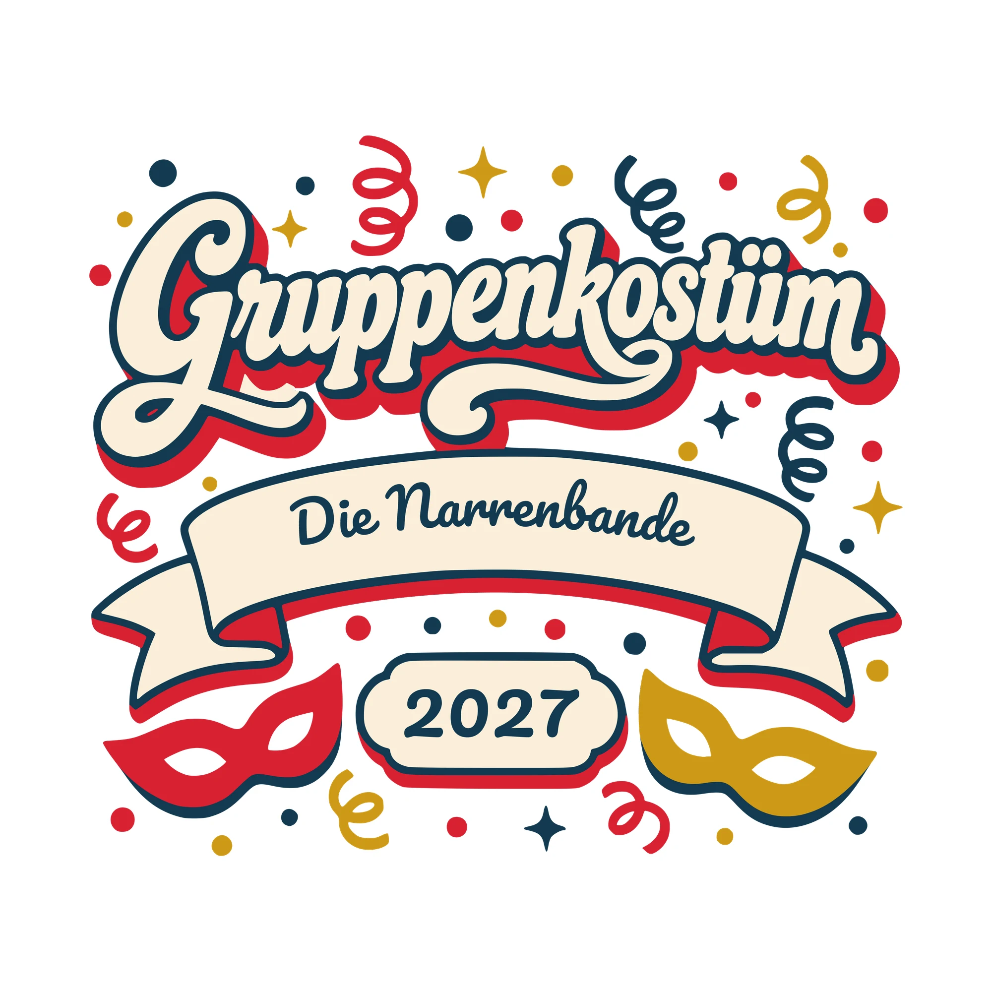 Bügelbild Gruppenkostüm mit Gruppenname und Jahr als Grafik auf weißem Hintergrund (BB010470)